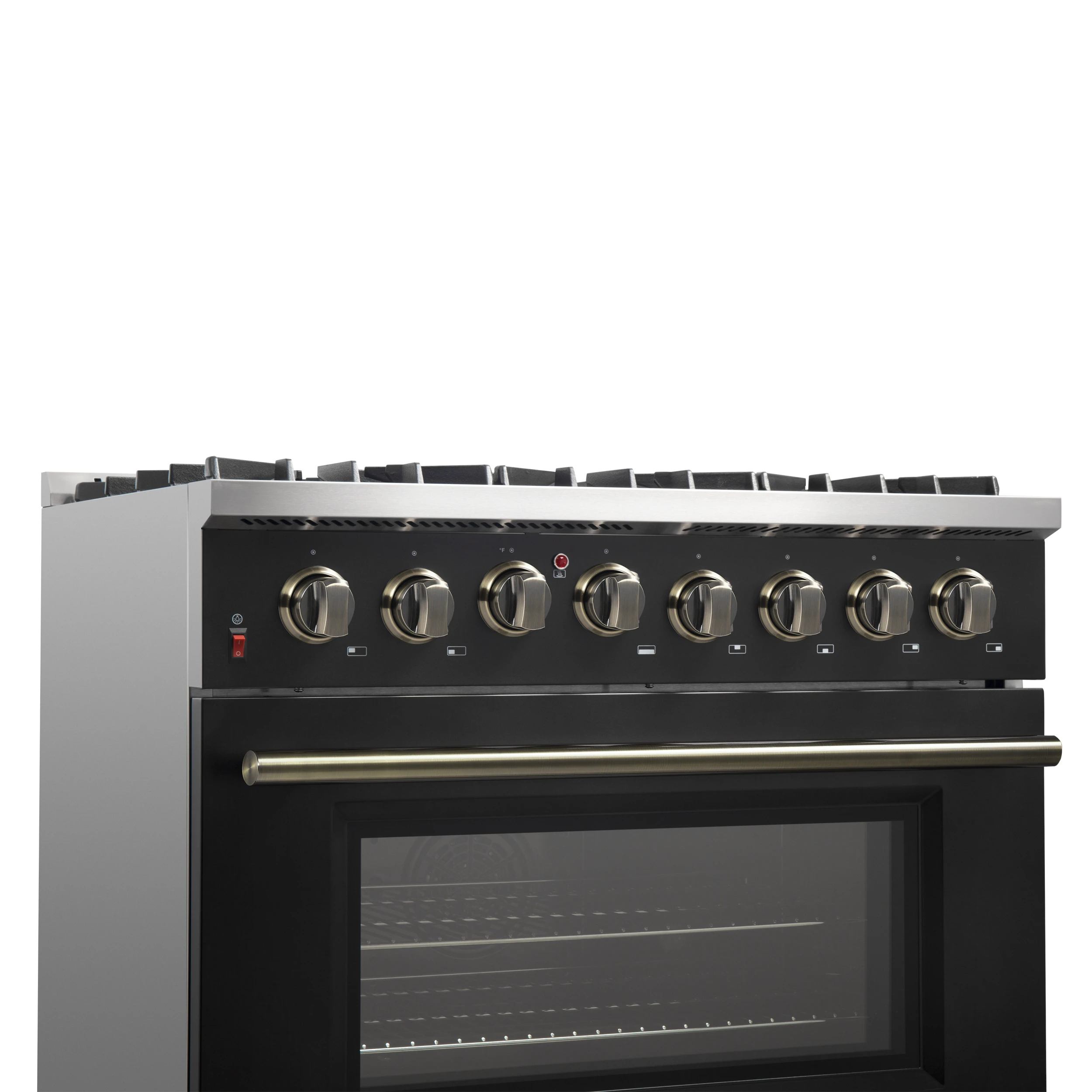 Galiano 36-inch Dual Fuel Range in Black & Antique Brass Design, 6 Sealed Burners 83,000 BTU, 5.36 cu.ft. True Convection Oven FFSGS615636BLK