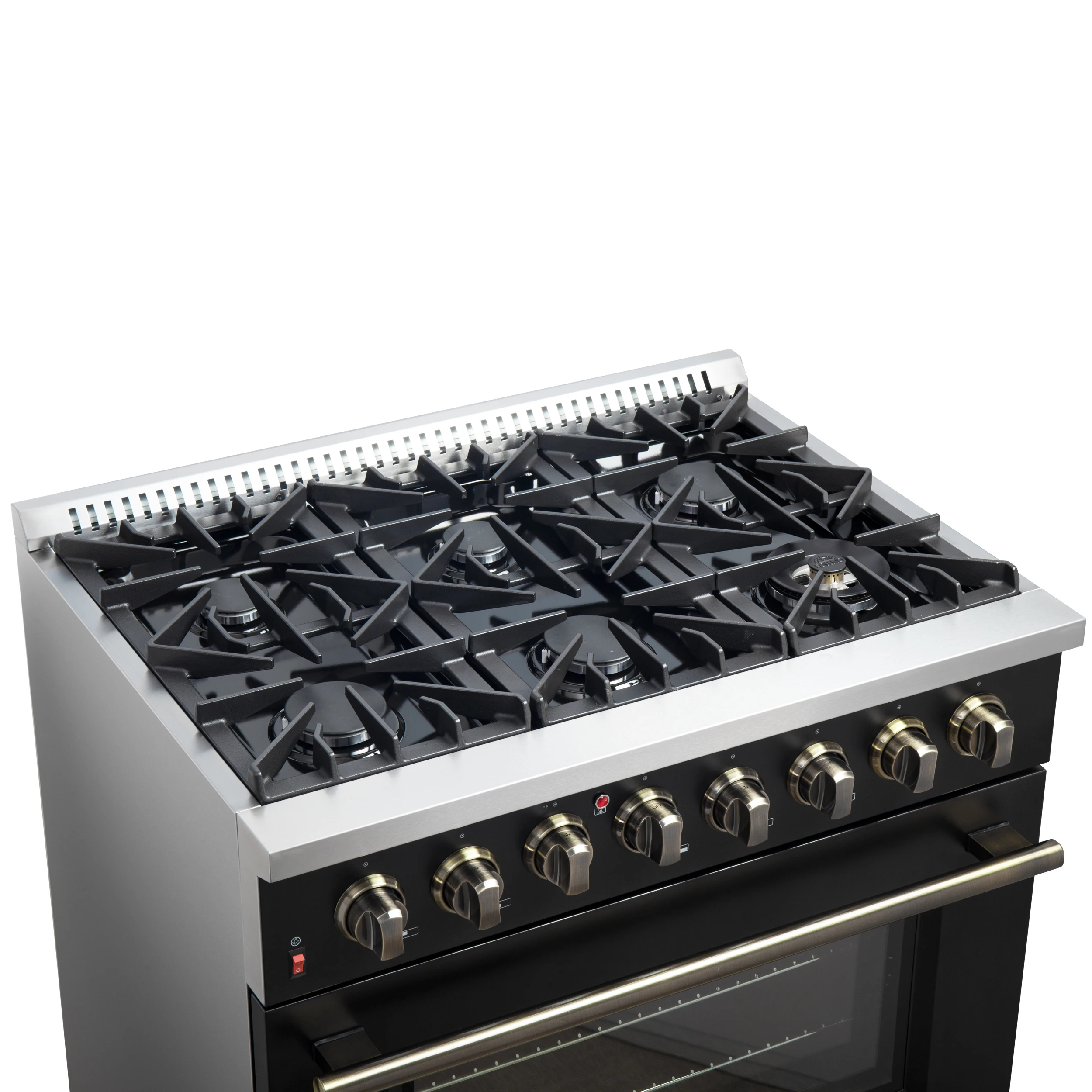 Galiano 36-inch Dual Fuel Range in Black & Antique Brass Design, 6 Sealed Burners 83,000 BTU, 5.36 cu.ft. True Convection Oven FFSGS615636BLK