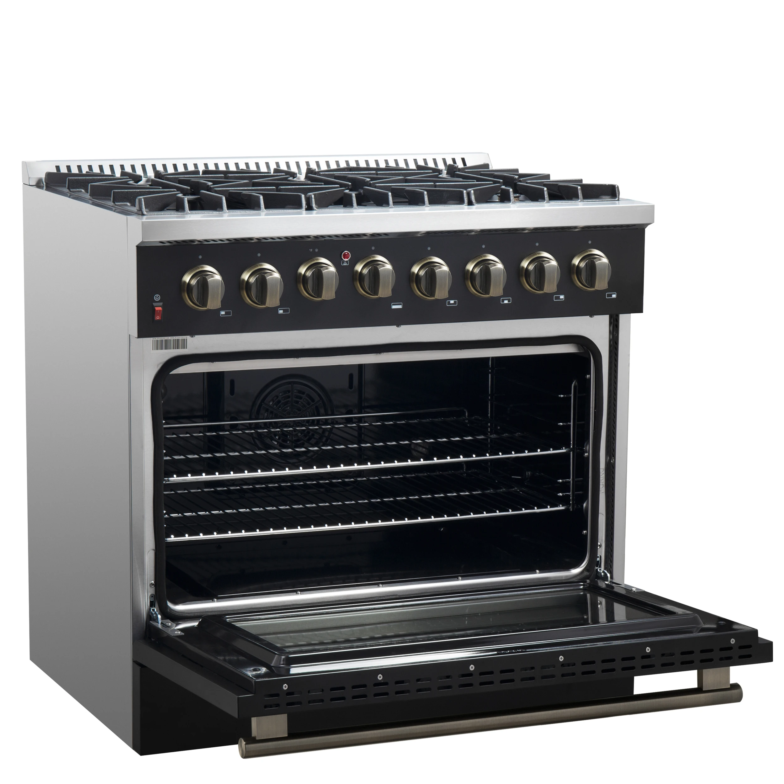 Galiano 36-inch Dual Fuel Range in Black & Antique Brass Design, 6 Sealed Burners 83,000 BTU, 5.36 cu.ft. True Convection Oven FFSGS615636BLK