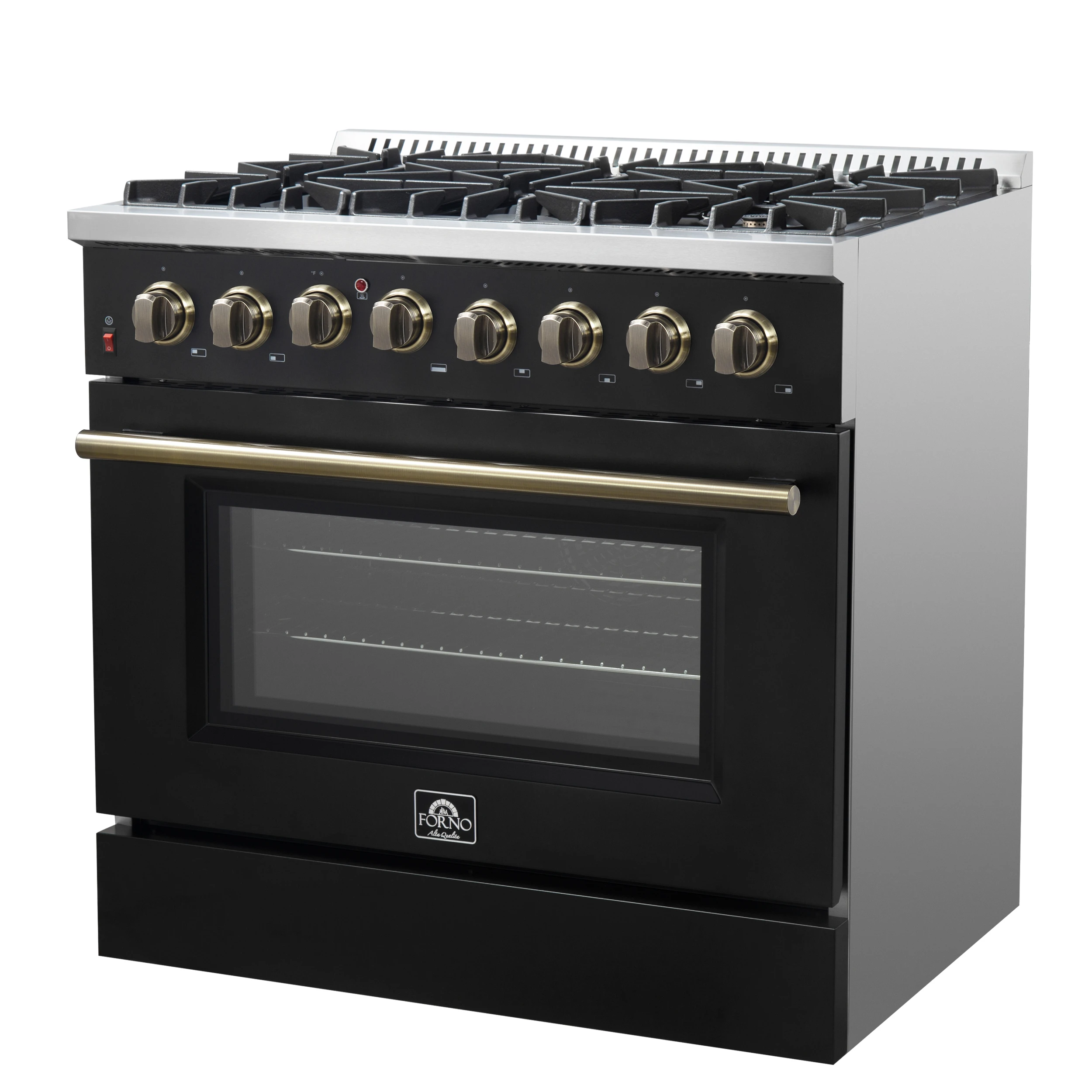 Galiano 36-inch Dual Fuel Range in Black & Antique Brass Design, 6 Sealed Burners 83,000 BTU, 5.36 cu.ft. True Convection Oven FFSGS615636BLK