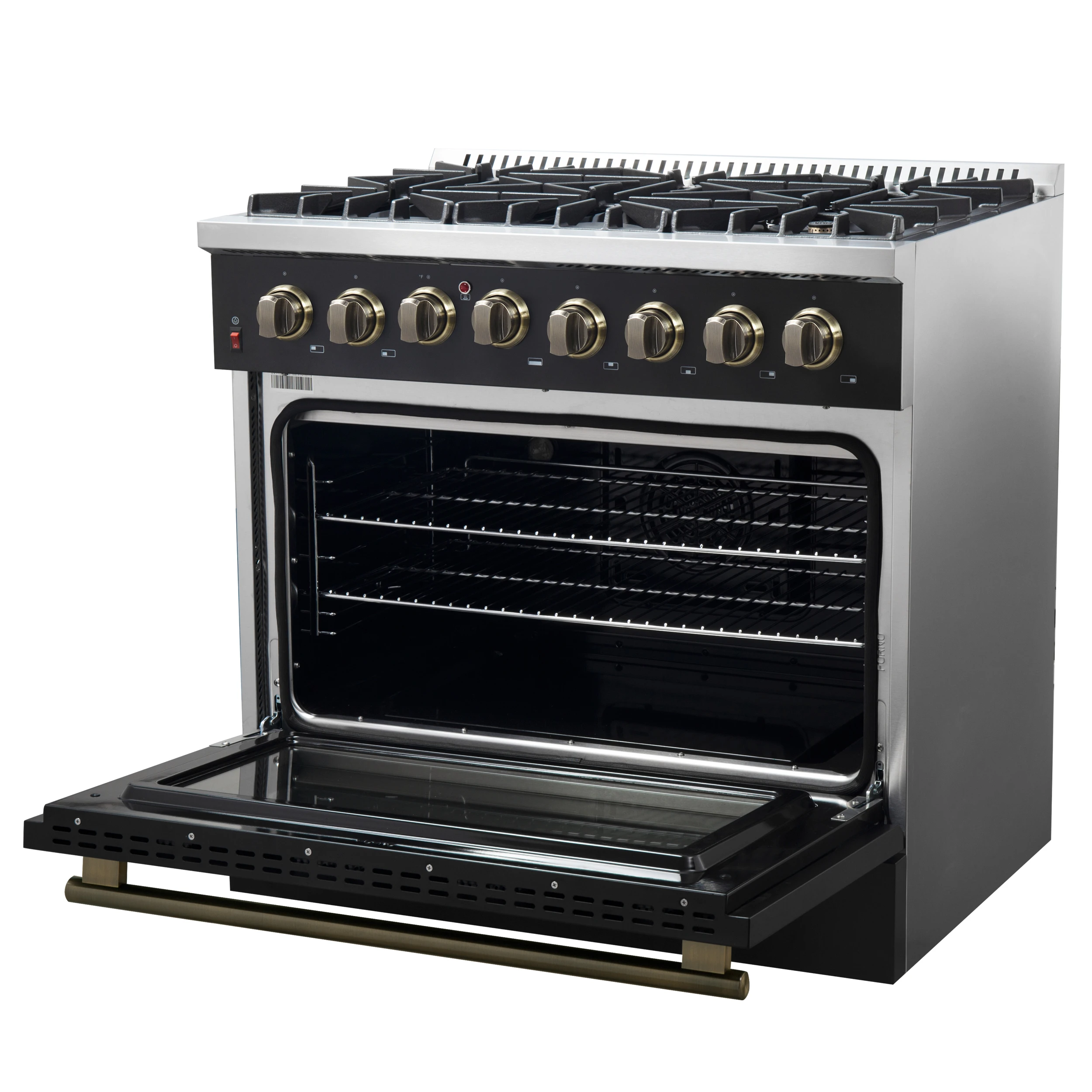 Galiano 36-inch Dual Fuel Range in Black & Antique Brass Design, 6 Sealed Burners 83,000 BTU, 5.36 cu.ft. True Convection Oven FFSGS615636BLK