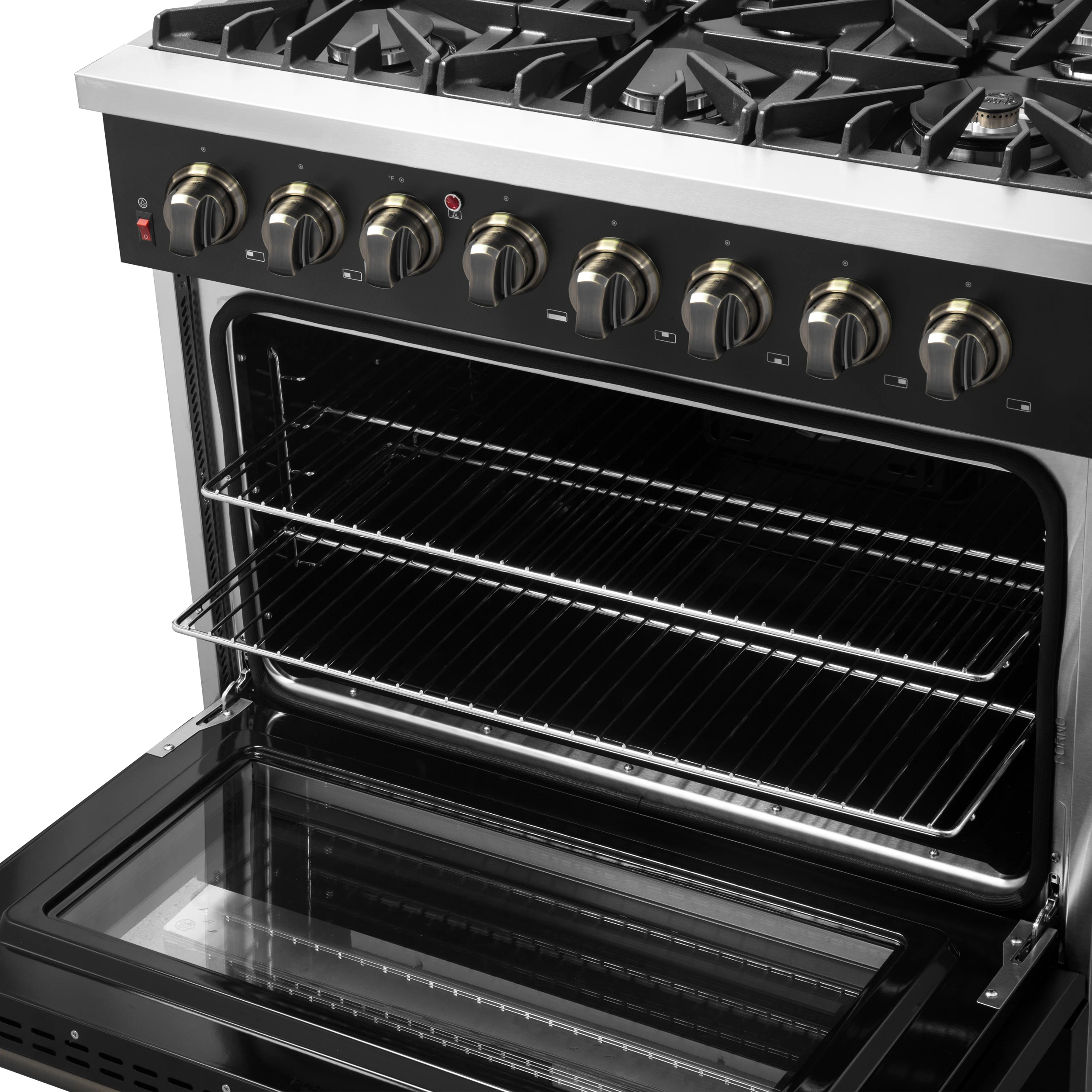 Galiano 36-inch Dual Fuel Range in Black & Antique Brass Design, 6 Sealed Burners 83,000 BTU, 5.36 cu.ft. True Convection Oven FFSGS615636BLK