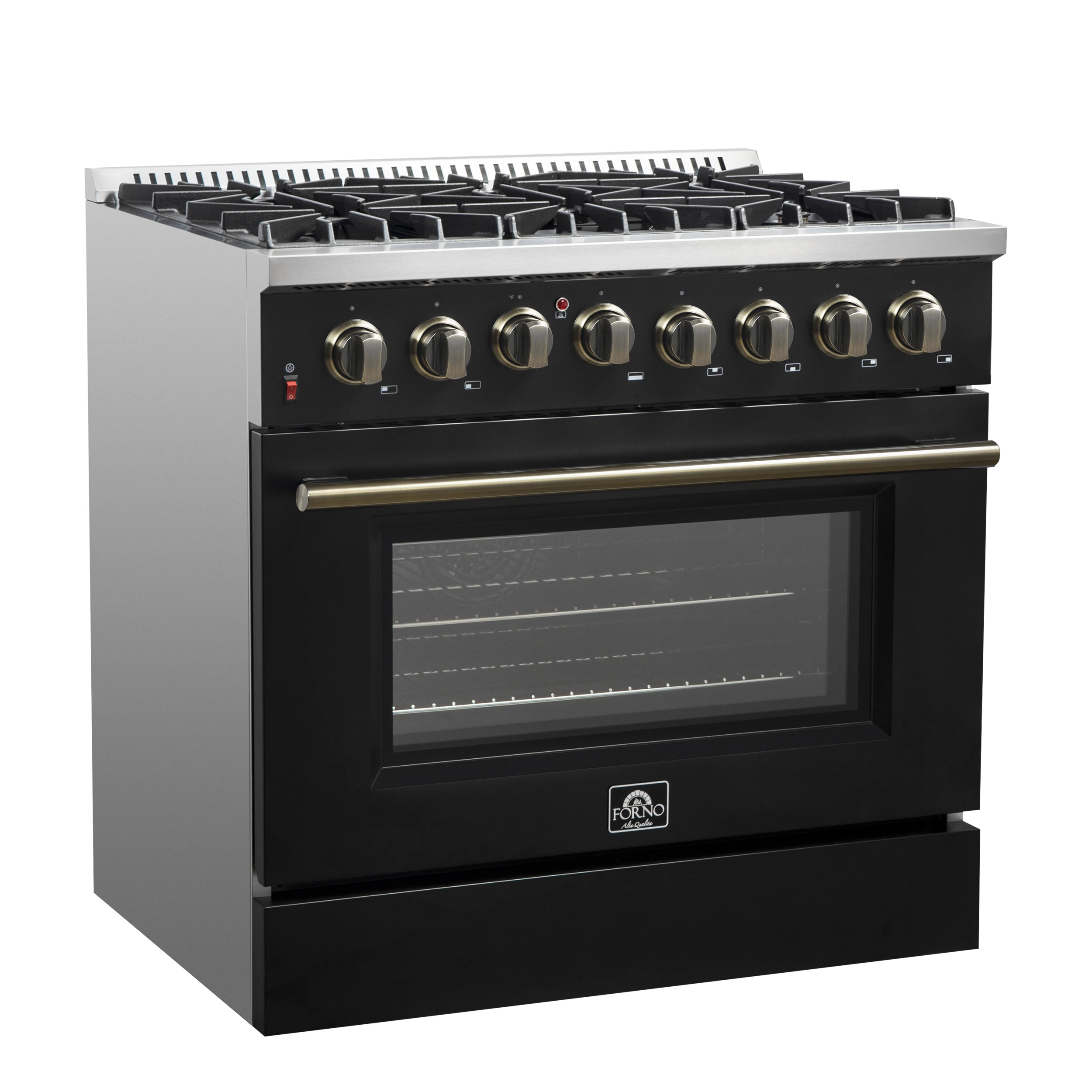 Galiano 36-inch Dual Fuel Range in Black & Antique Brass Design, 6 Sealed Burners 83,000 BTU, 5.36 cu.ft. True Convection Oven FFSGS615636BLK