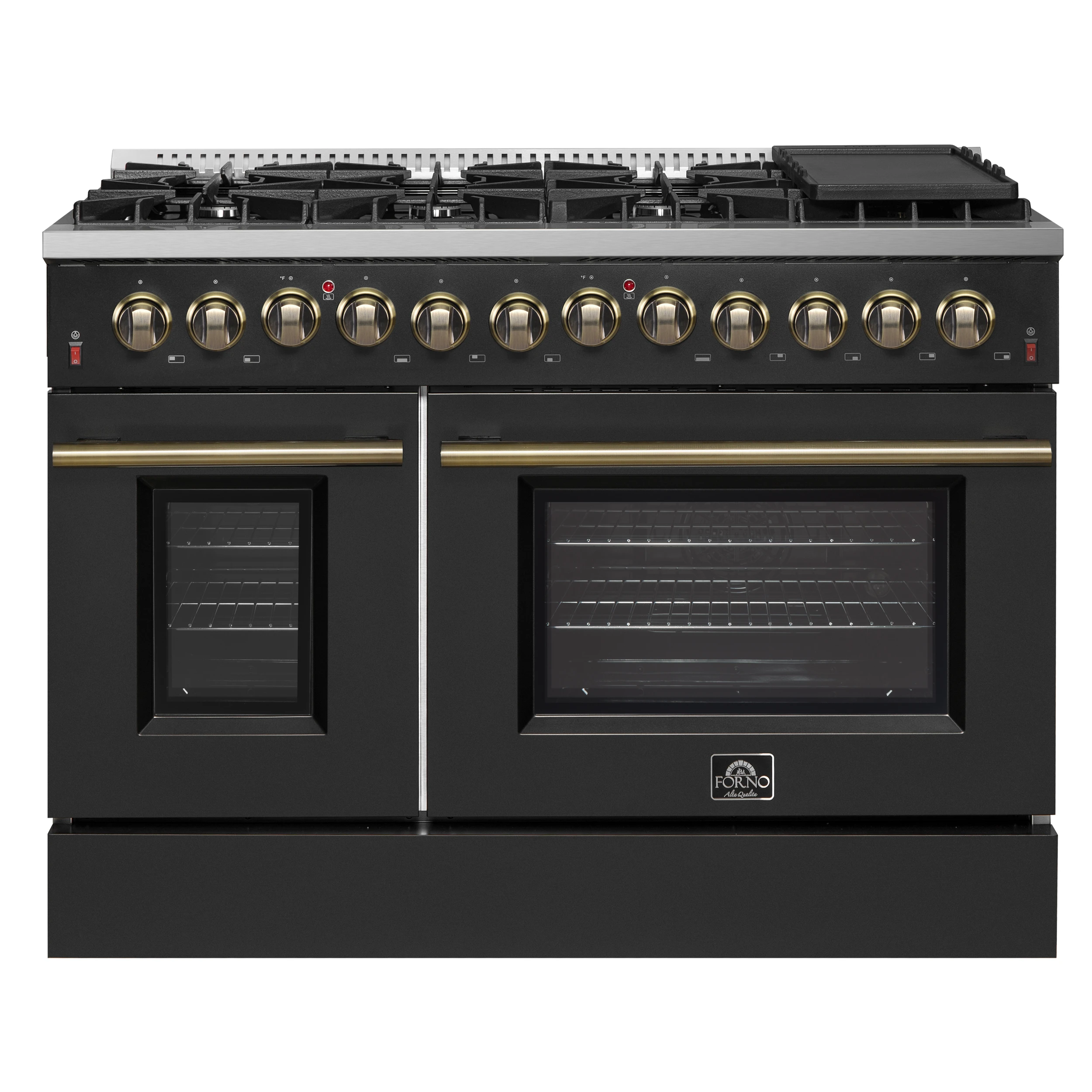 Galiano 48-inch Dual Fuel Range Black & Antique Brass Design with 8 Sealed Burners 107,000 BTU, 6.58 cu. ft. double ovens & Griddle FFSGS615648BLK