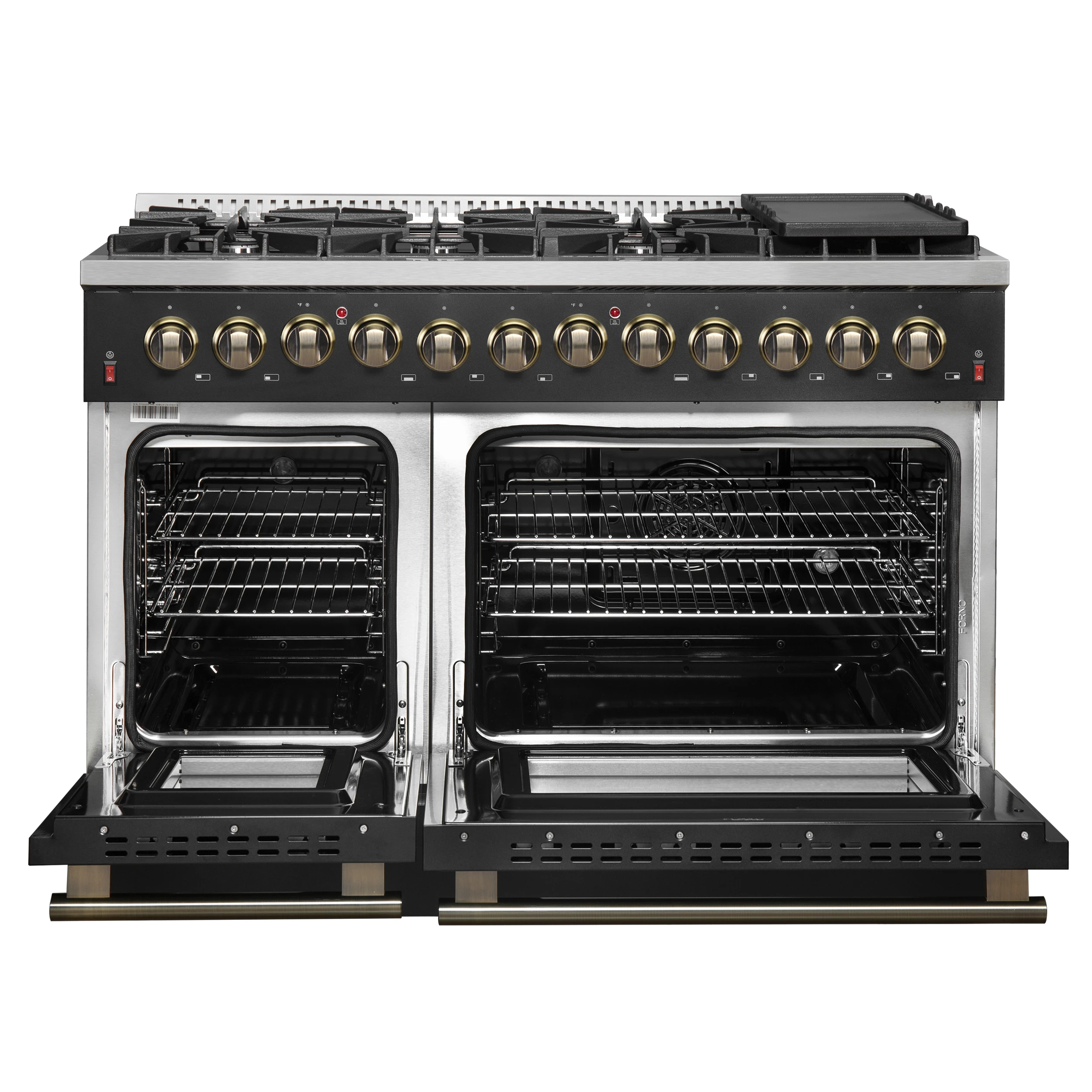 Galiano 48-inch Dual Fuel Range Black & Antique Brass Design with 8 Sealed Burners 107,000 BTU, 6.58 cu. ft. double ovens & Griddle FFSGS615648BLK