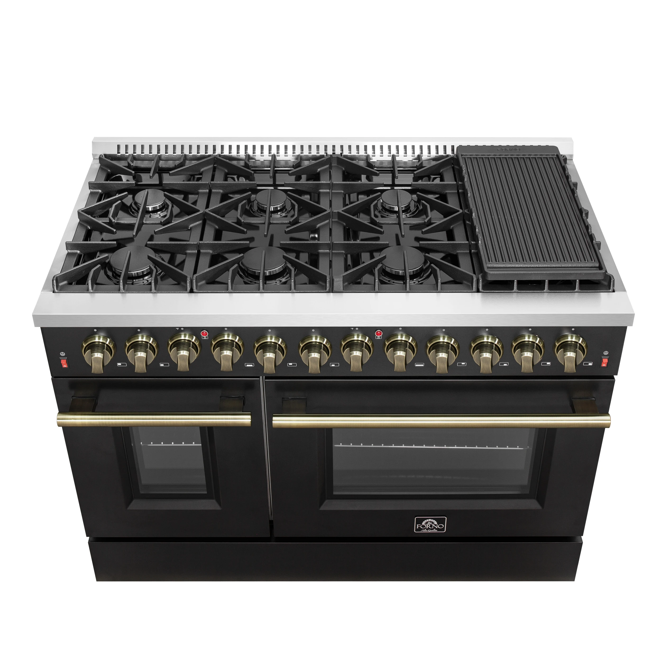 Galiano 48-inch Dual Fuel Range Black & Antique Brass Design with 8 Sealed Burners 107,000 BTU, 6.58 cu. ft. double ovens & Griddle FFSGS615648BLK