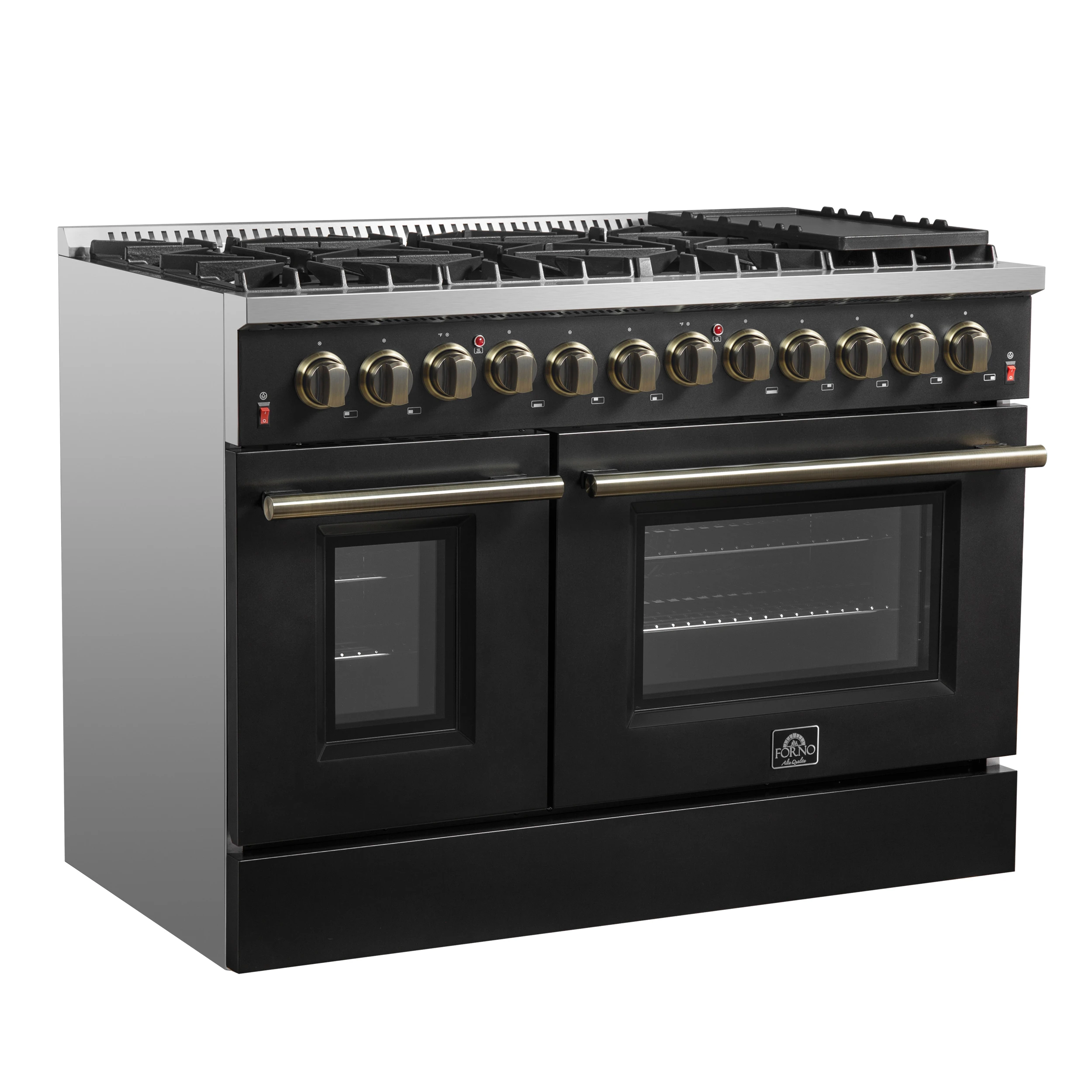 Galiano 48-inch Dual Fuel Range Black & Antique Brass Design with 8 Sealed Burners 107,000 BTU, 6.58 cu. ft. double ovens & Griddle FFSGS615648BLK