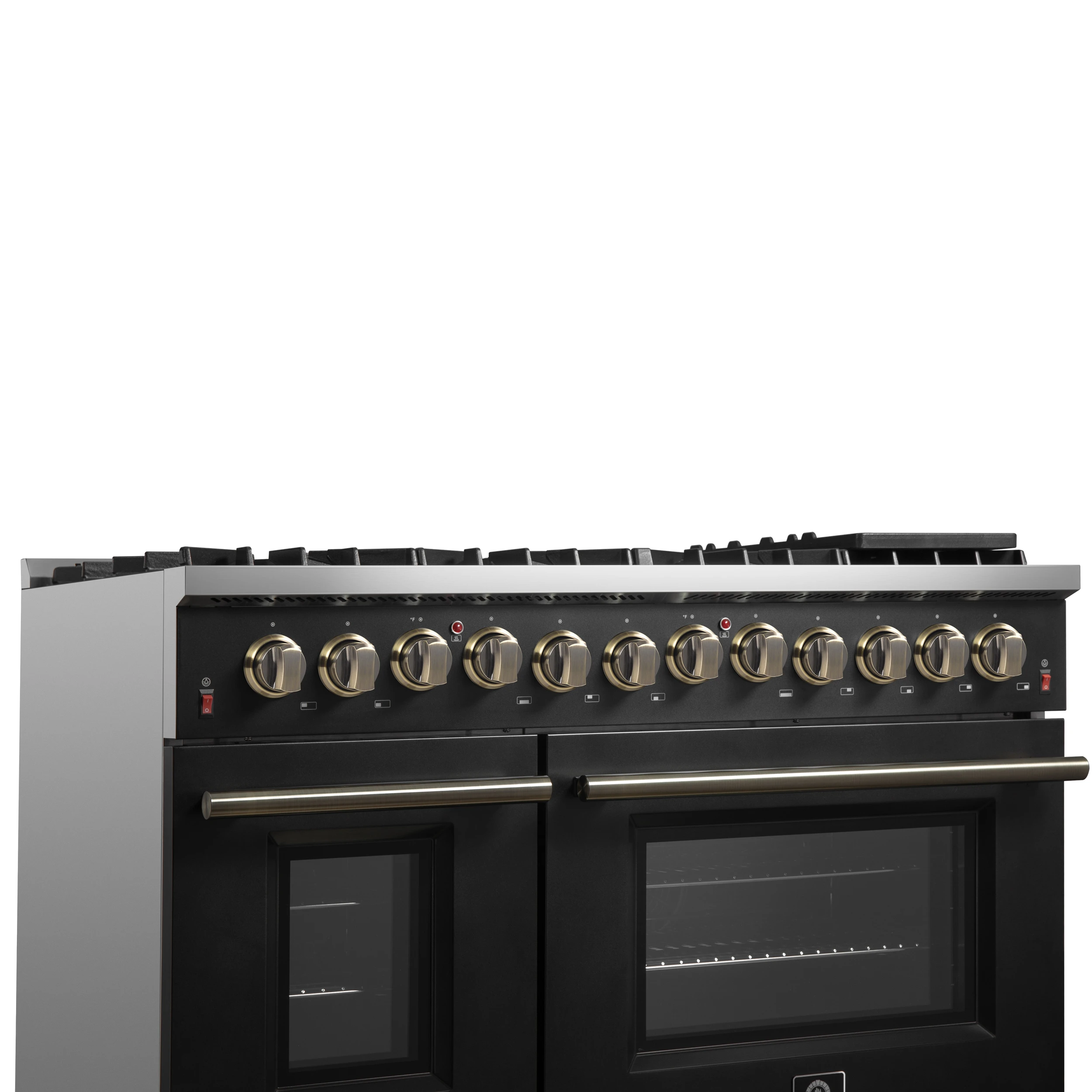 Galiano 48-inch Dual Fuel Range Black & Antique Brass Design with 8 Sealed Burners 107,000 BTU, 6.58 cu. ft. double ovens & Griddle FFSGS615648BLK