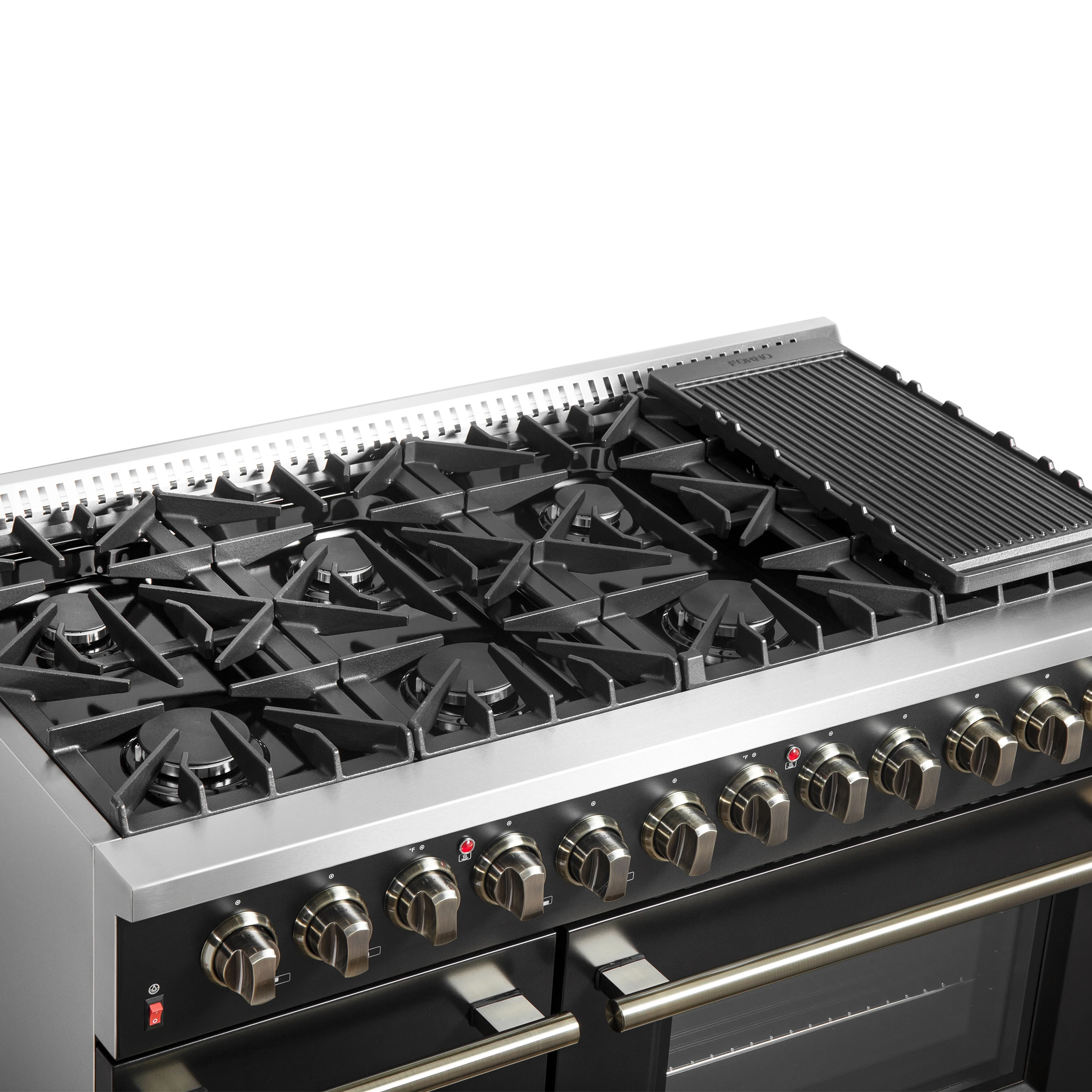 Galiano 48-inch Dual Fuel Range Black & Antique Brass Design with 8 Sealed Burners 107,000 BTU, 6.58 cu. ft. double ovens & Griddle FFSGS615648BLK