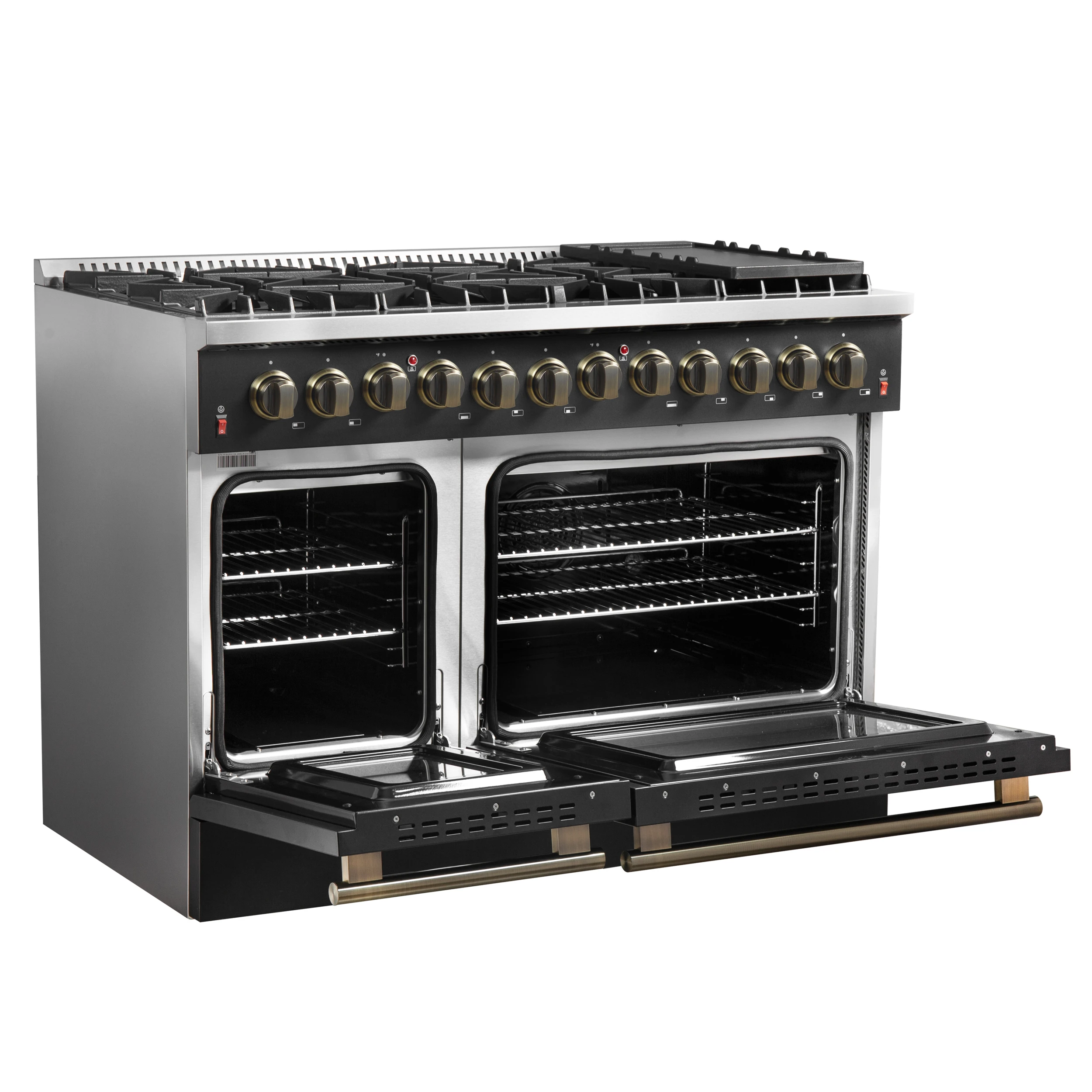 Galiano 48-inch Dual Fuel Range Black & Antique Brass Design with 8 Sealed Burners 107,000 BTU, 6.58 cu. ft. double ovens & Griddle FFSGS615648BLK
