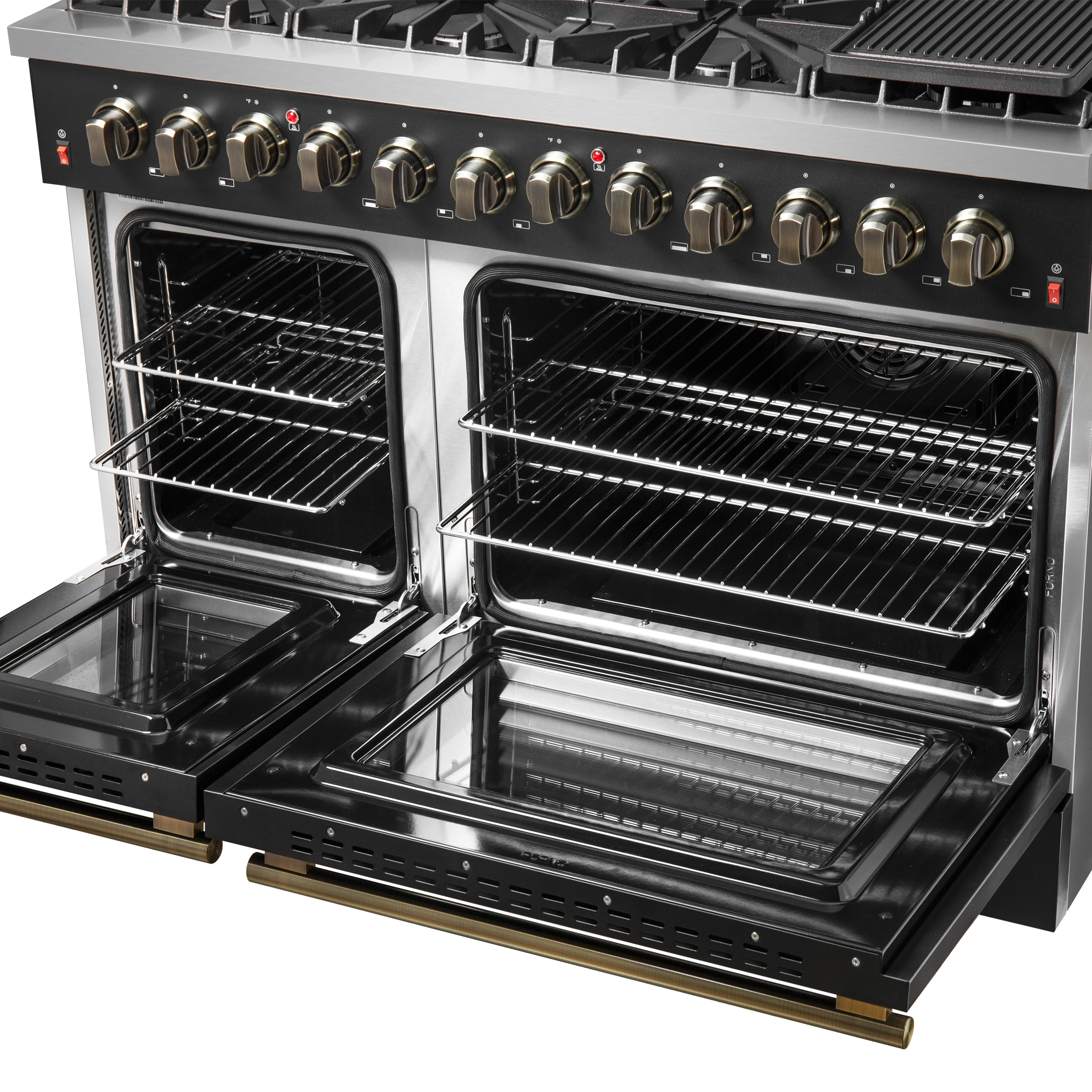 Galiano 48-inch Dual Fuel Range Black & Antique Brass Design with 8 Sealed Burners 107,000 BTU, 6.58 cu. ft. double ovens & Griddle FFSGS615648BLK