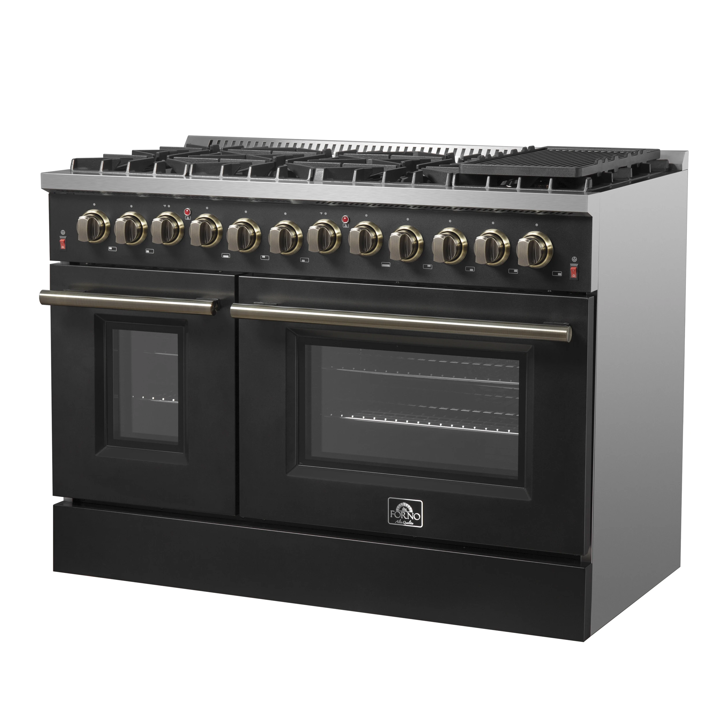 Galiano 48-inch Dual Fuel Range Black & Antique Brass Design with 8 Sealed Burners 107,000 BTU, 6.58 cu. ft. double ovens & Griddle FFSGS615648BLK