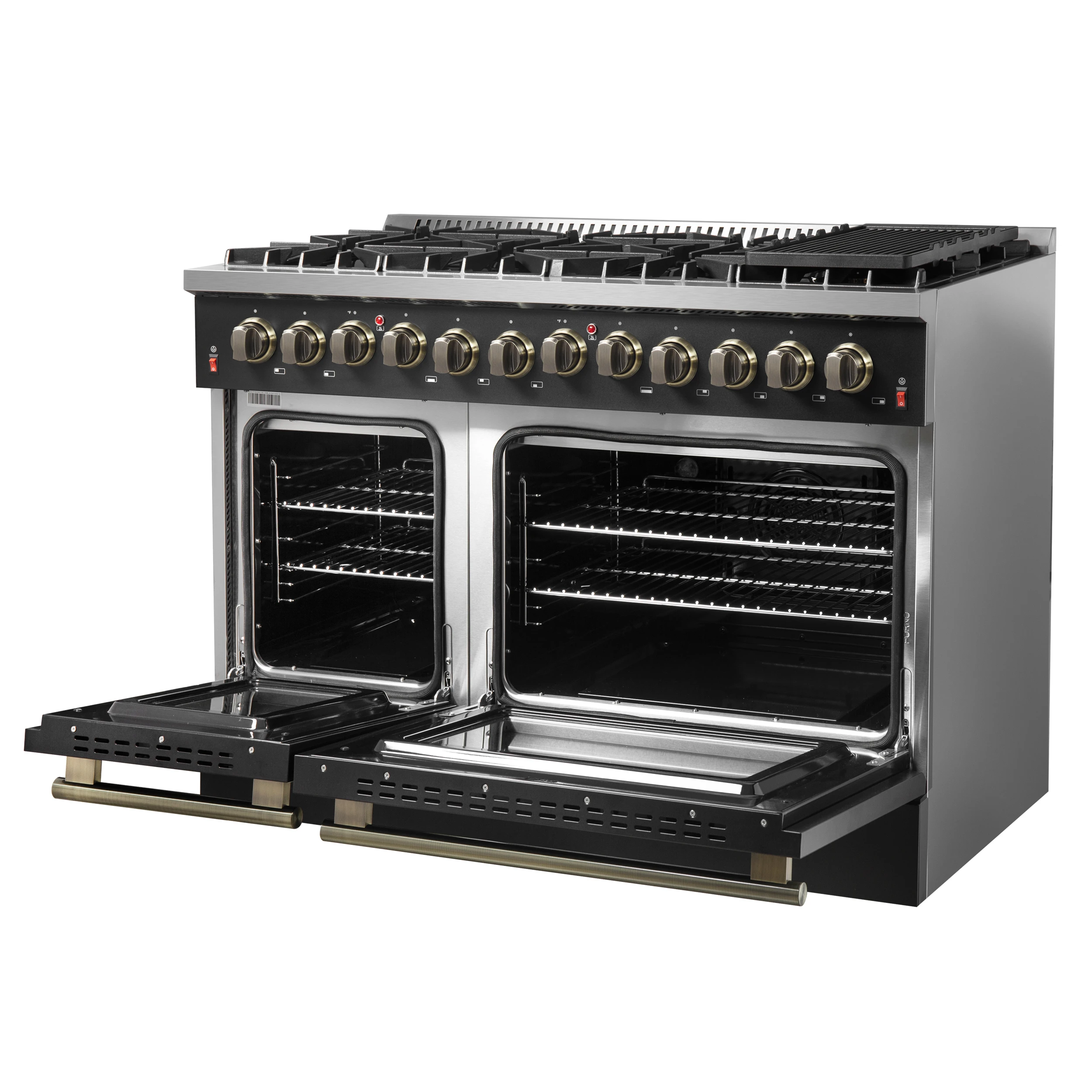 Galiano 48-inch Dual Fuel Range Black & Antique Brass Design with 8 Sealed Burners 107,000 BTU, 6.58 cu. ft. double ovens & Griddle FFSGS615648BLK