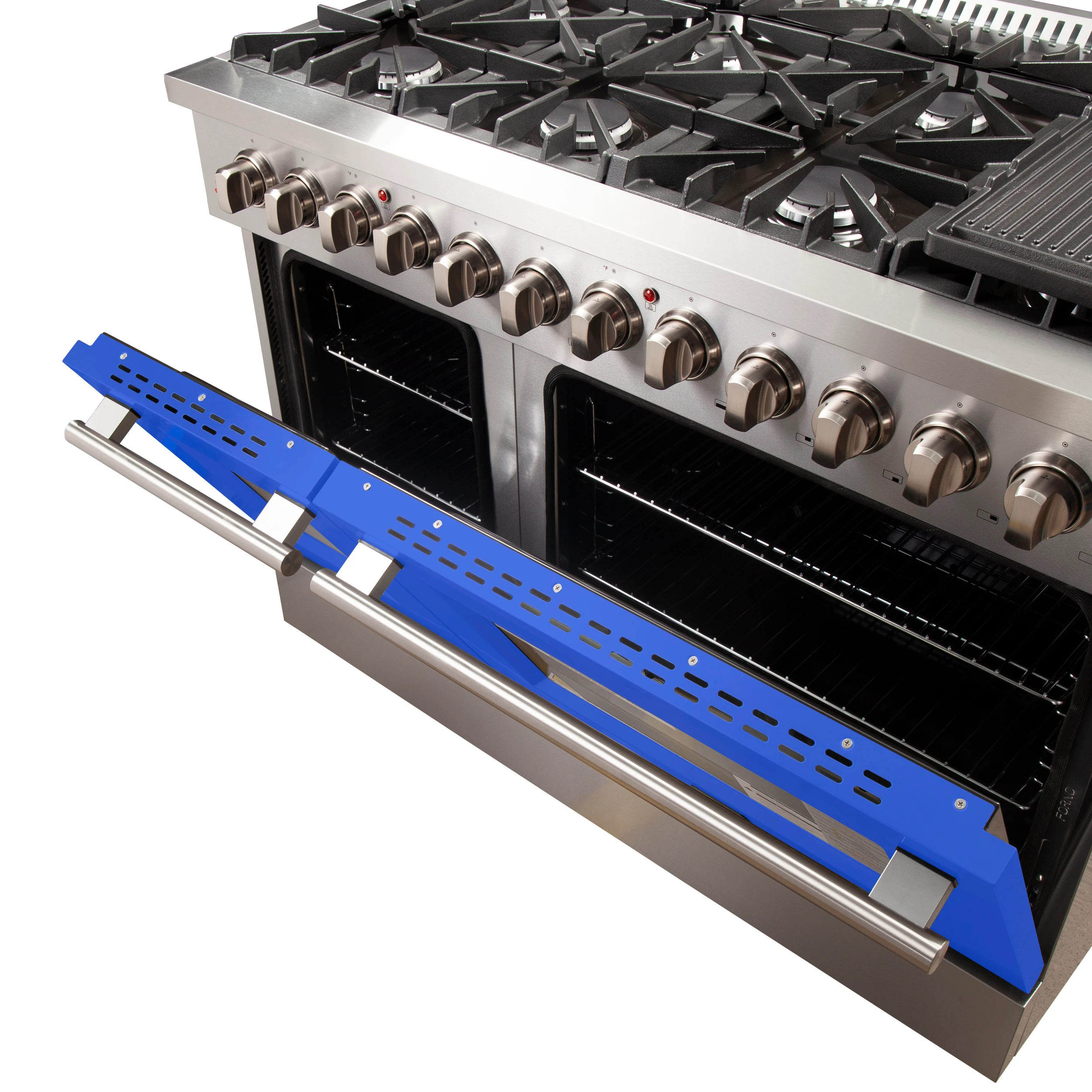 Galiano 48-Inch Freestanding Dual Fuel Range, 8 Burners, Double Convection Ovens, Blue Doors FFSGS615648BLU