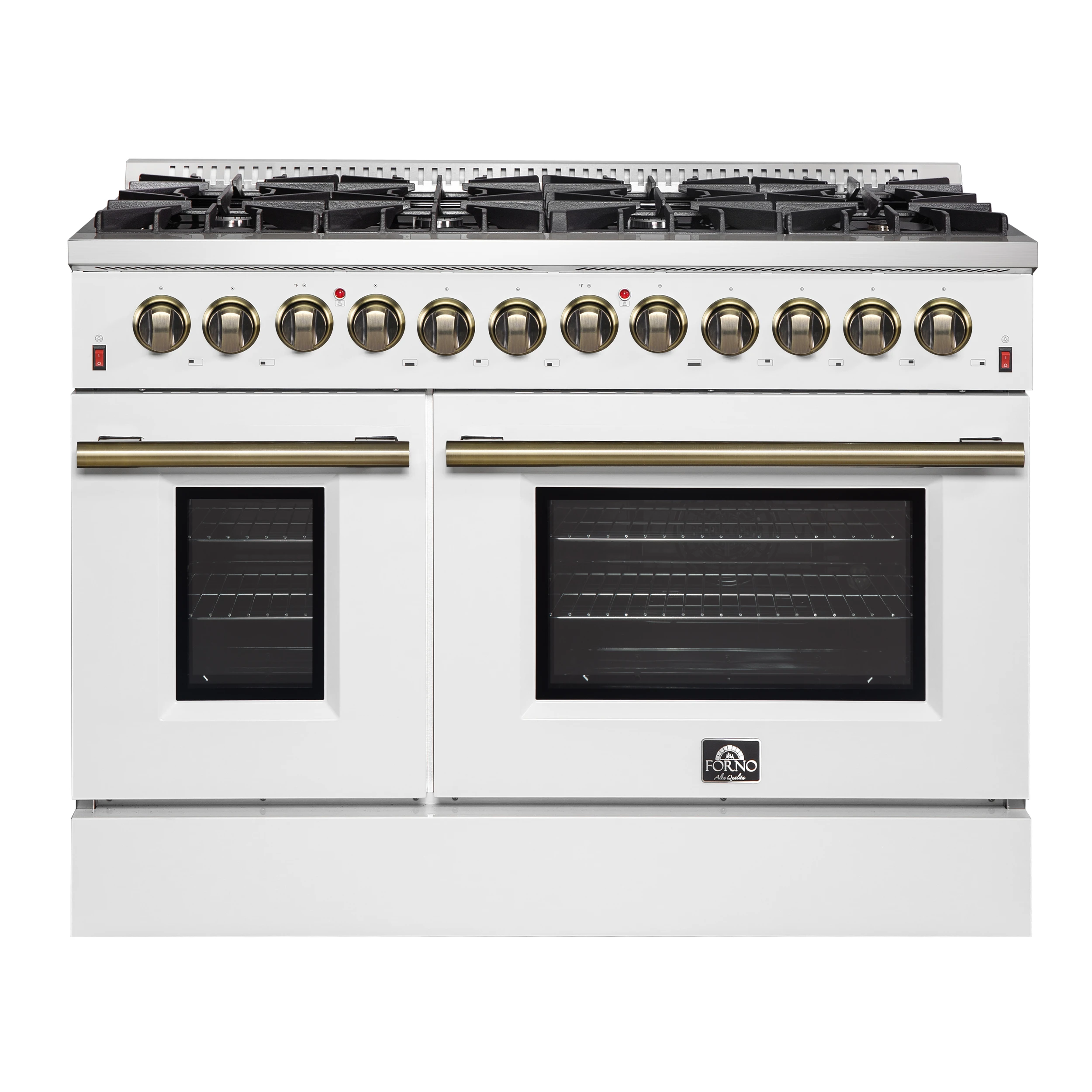 Galiano 48-inch Dual Fuel Range White & Antique Brass Design with 8 Sealed Burners 107,000 BTU, 6.58 cu. ft. double ovens & Griddle FFSGS615648WHT