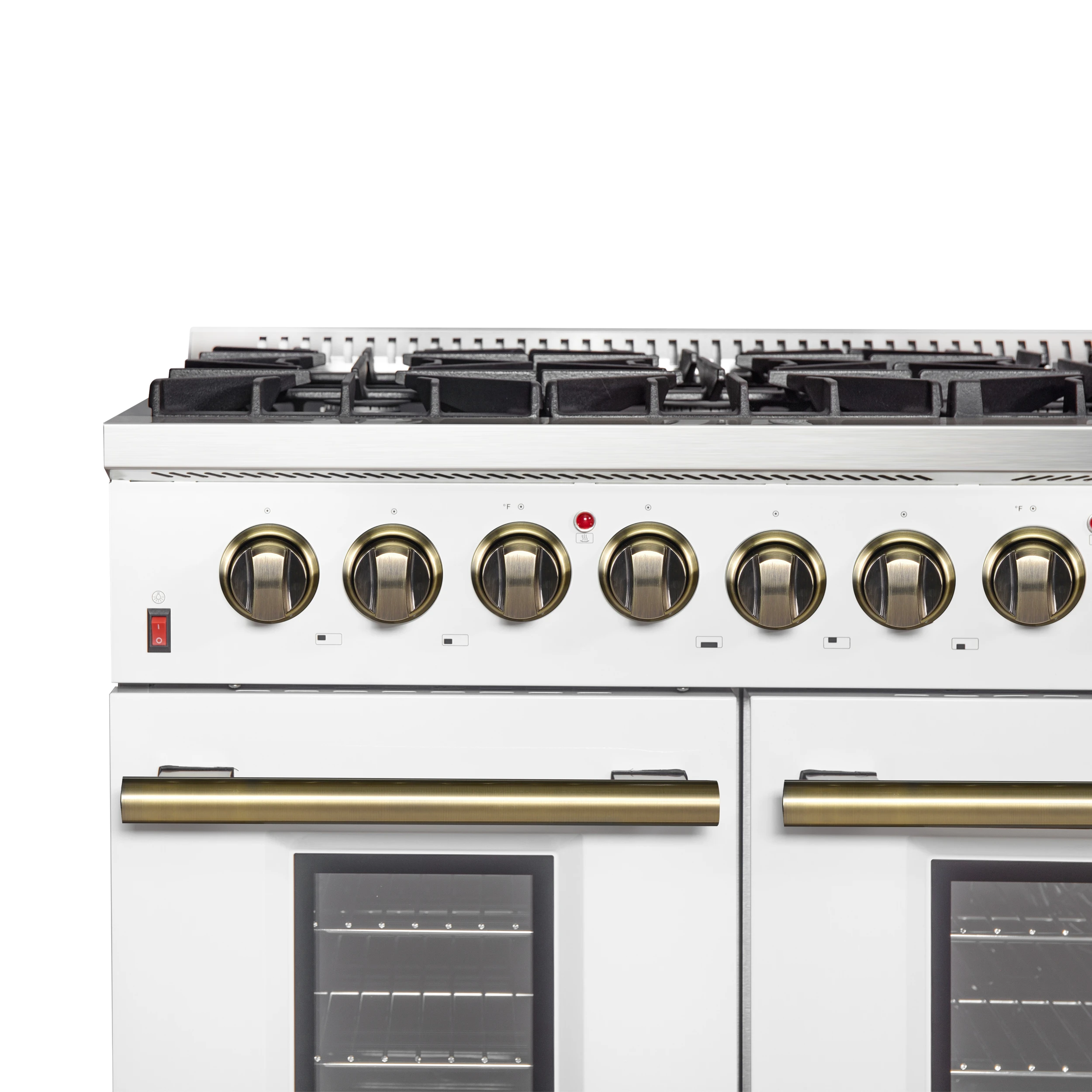 Galiano 48-inch Dual Fuel Range White & Antique Brass Design with 8 Sealed Burners 107,000 BTU, 6.58 cu. ft. double ovens & Griddle FFSGS615648WHT