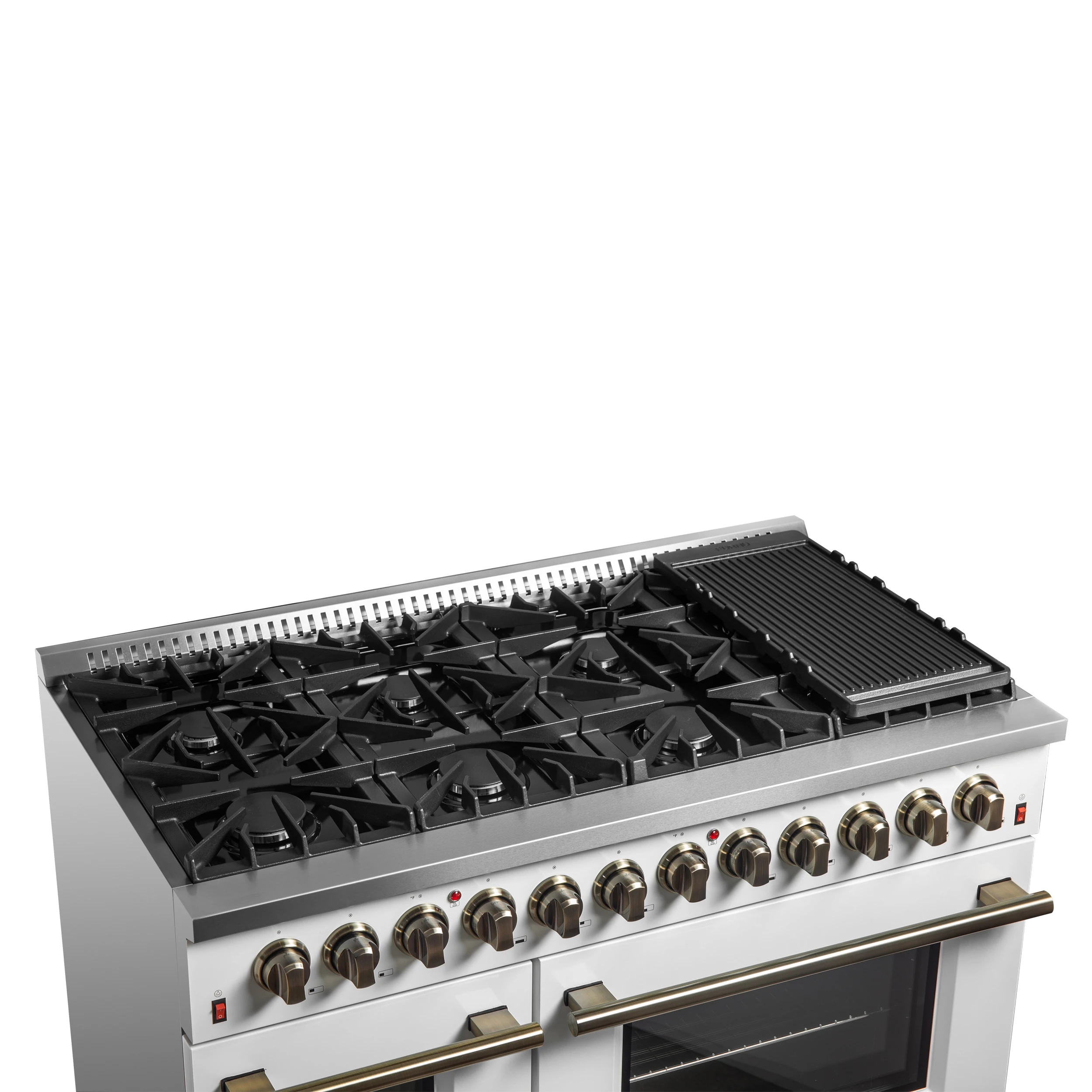 Galiano 48-inch Dual Fuel Range White & Antique Brass Design with 8 Sealed Burners 107,000 BTU, 6.58 cu. ft. double ovens & Griddle FFSGS615648WHT