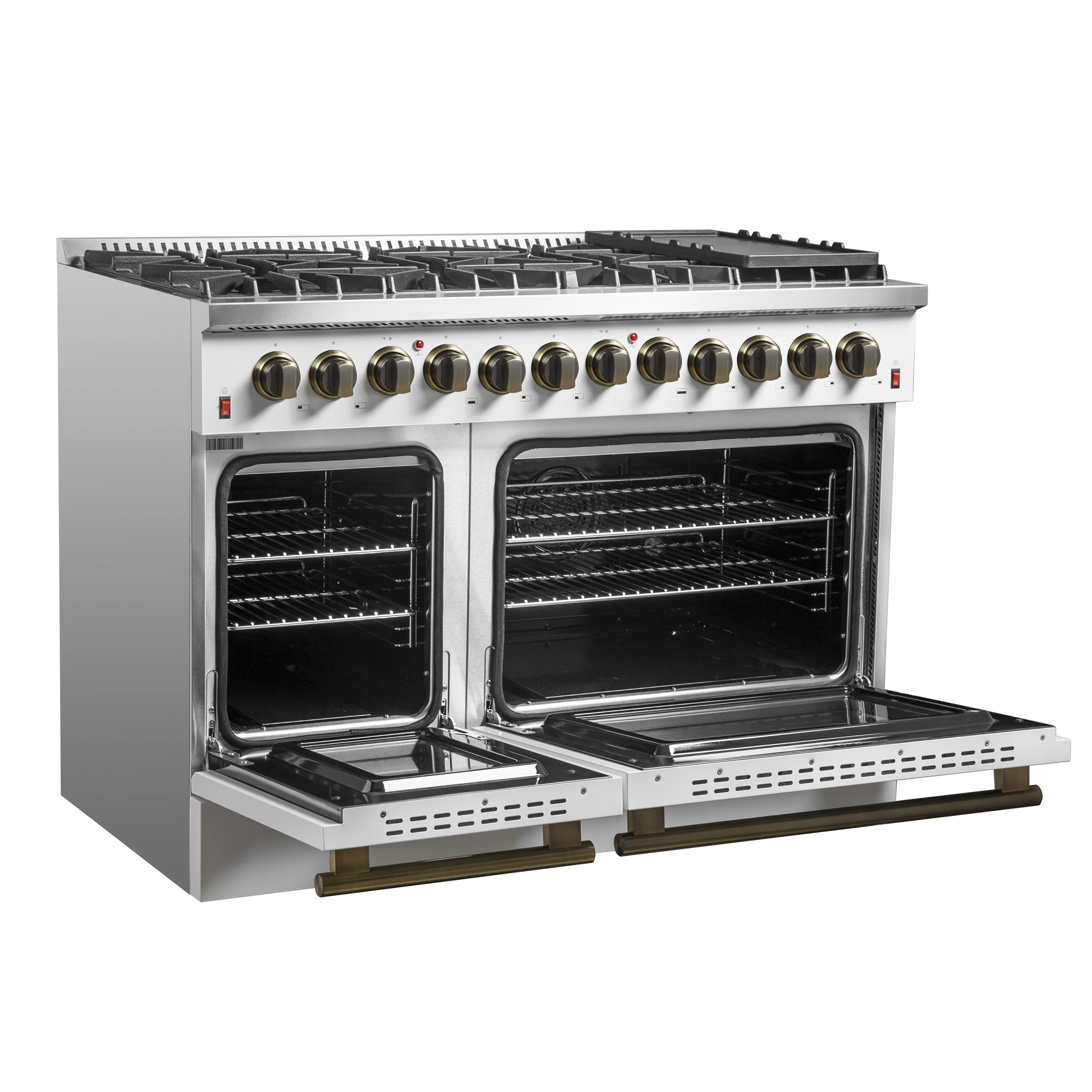 Galiano 48-inch Dual Fuel Range White & Antique Brass Design with 8 Sealed Burners 107,000 BTU, 6.58 cu. ft. double ovens & Griddle FFSGS615648WHT