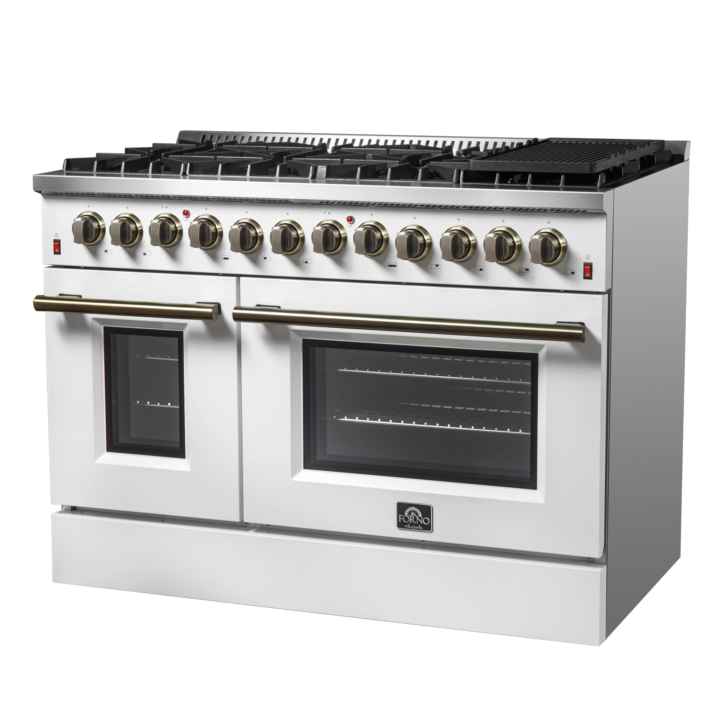 Galiano 48-inch Dual Fuel Range White & Antique Brass Design with 8 Sealed Burners 107,000 BTU, 6.58 cu. ft. double ovens & Griddle FFSGS615648WHT