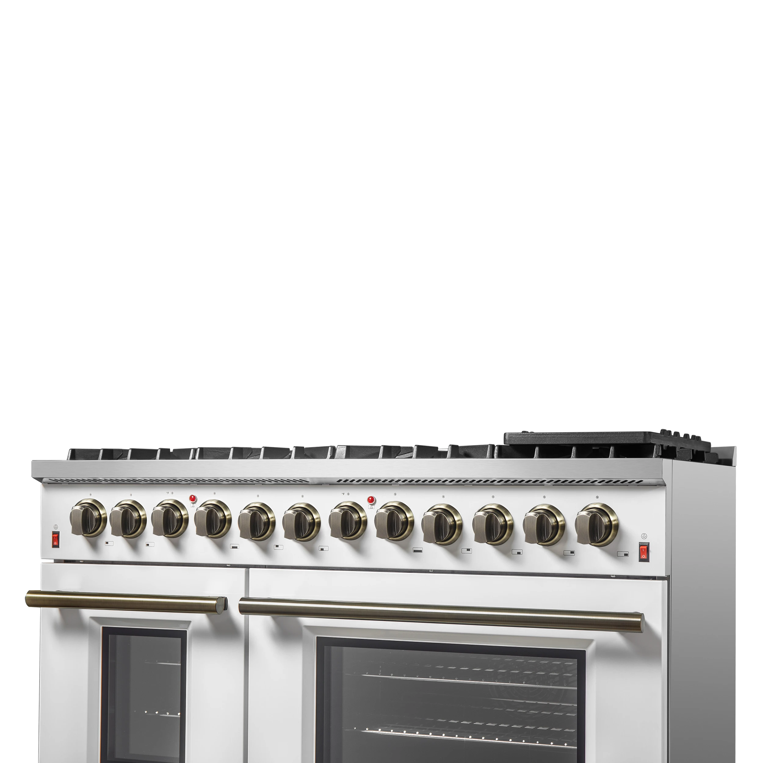 Galiano 48-inch Dual Fuel Range White & Antique Brass Design with 8 Sealed Burners 107,000 BTU, 6.58 cu. ft. double ovens & Griddle FFSGS615648WHT