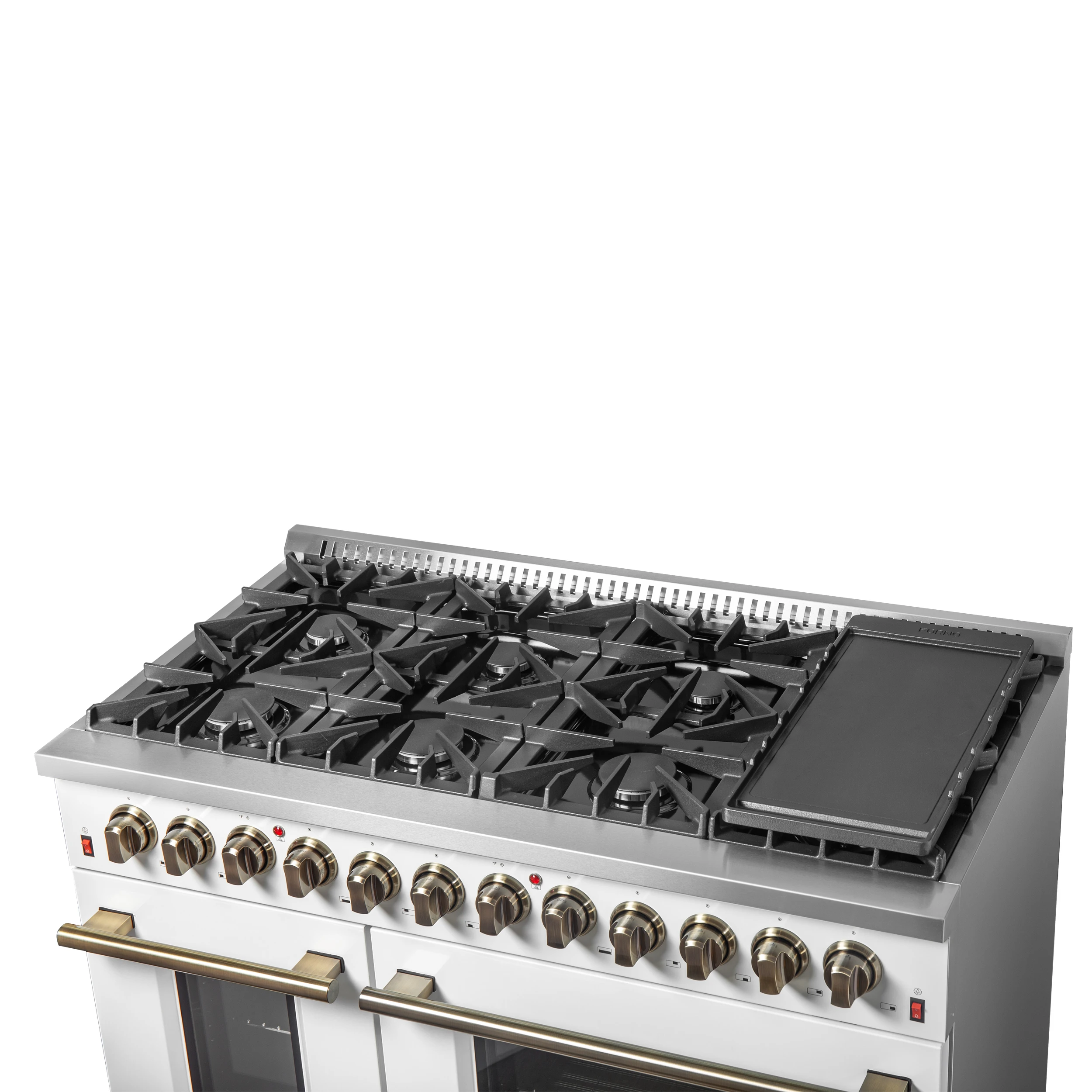 Galiano 48-inch Dual Fuel Range White & Antique Brass Design with 8 Sealed Burners 107,000 BTU, 6.58 cu. ft. double ovens & Griddle FFSGS615648WHT