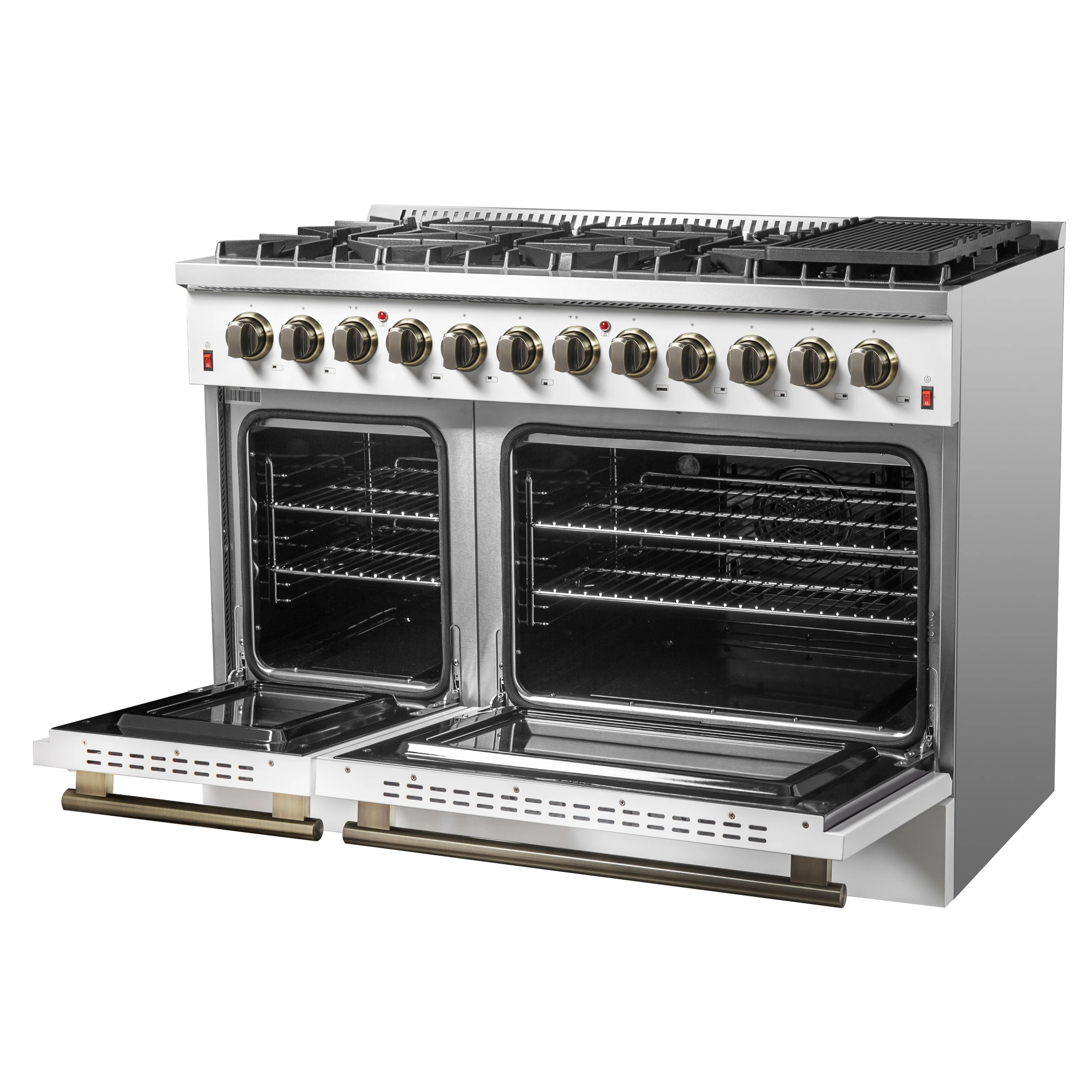 Galiano 48-inch Dual Fuel Range White & Antique Brass Design with 8 Sealed Burners 107,000 BTU, 6.58 cu. ft. double ovens & Griddle FFSGS615648WHT