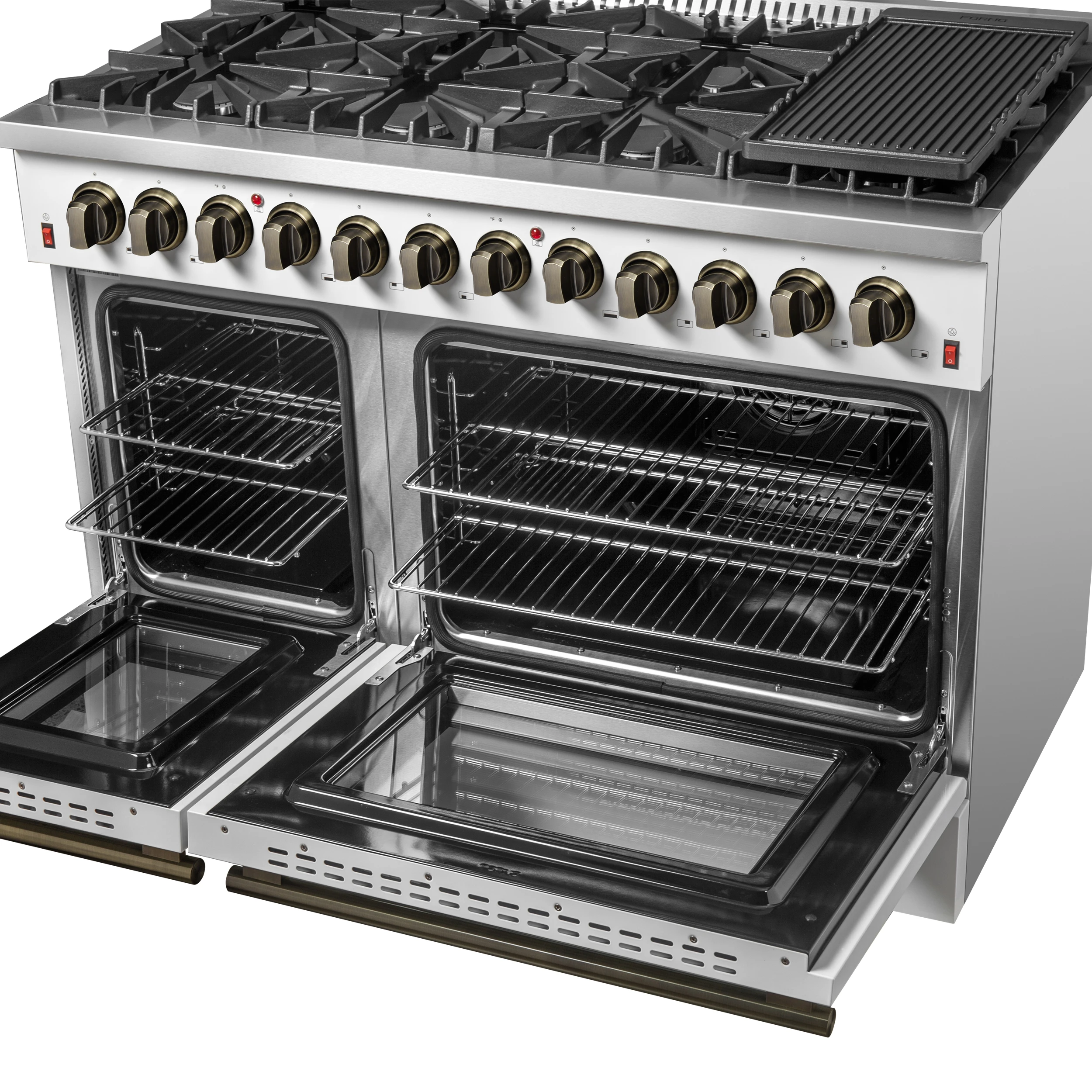 Galiano 48-inch Dual Fuel Range White & Antique Brass Design with 8 Sealed Burners 107,000 BTU, 6.58 cu. ft. double ovens & Griddle FFSGS615648WHT