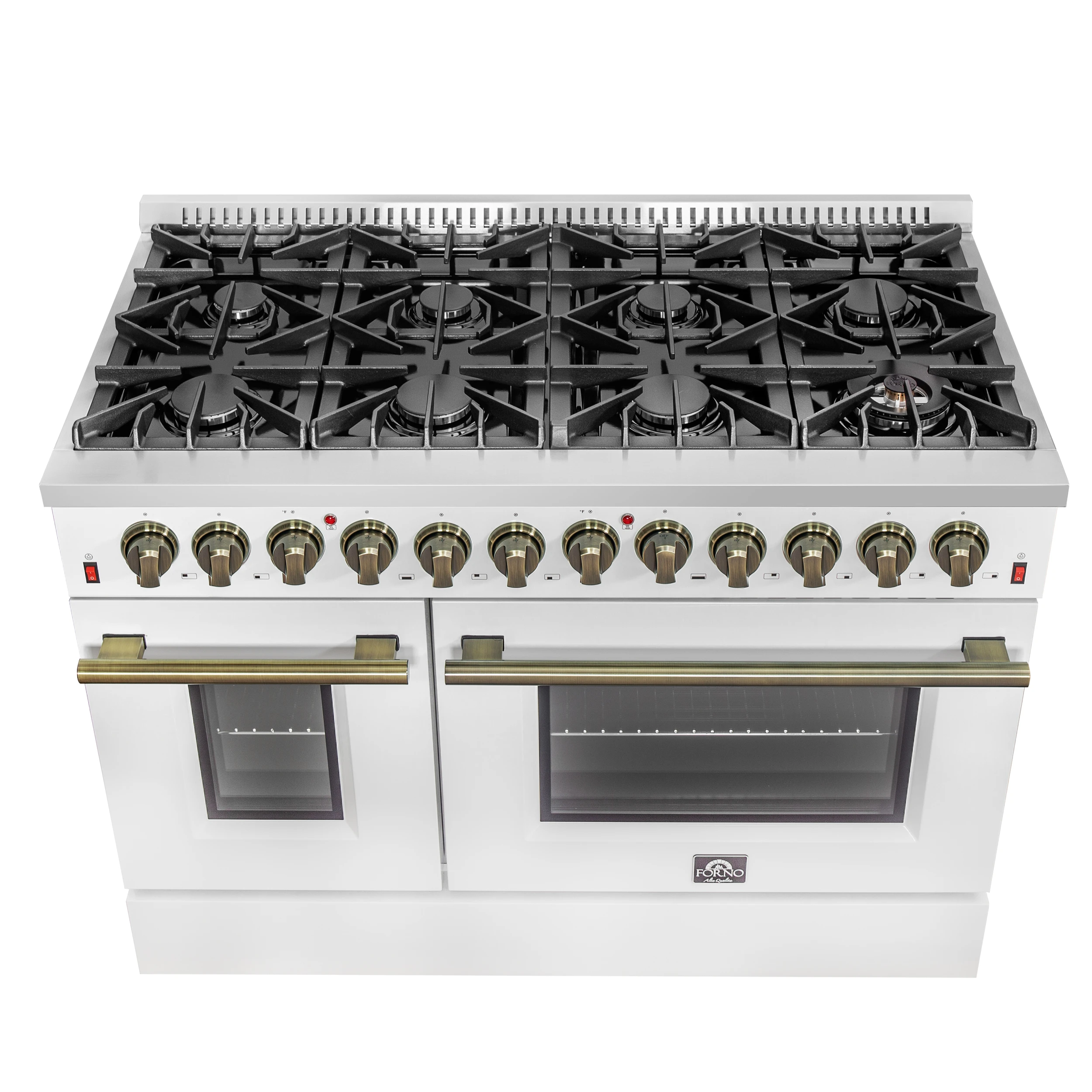 Galiano 48-inch Dual Fuel Range White & Antique Brass Design with 8 Sealed Burners 107,000 BTU, 6.58 cu. ft. double ovens & Griddle FFSGS615648WHT