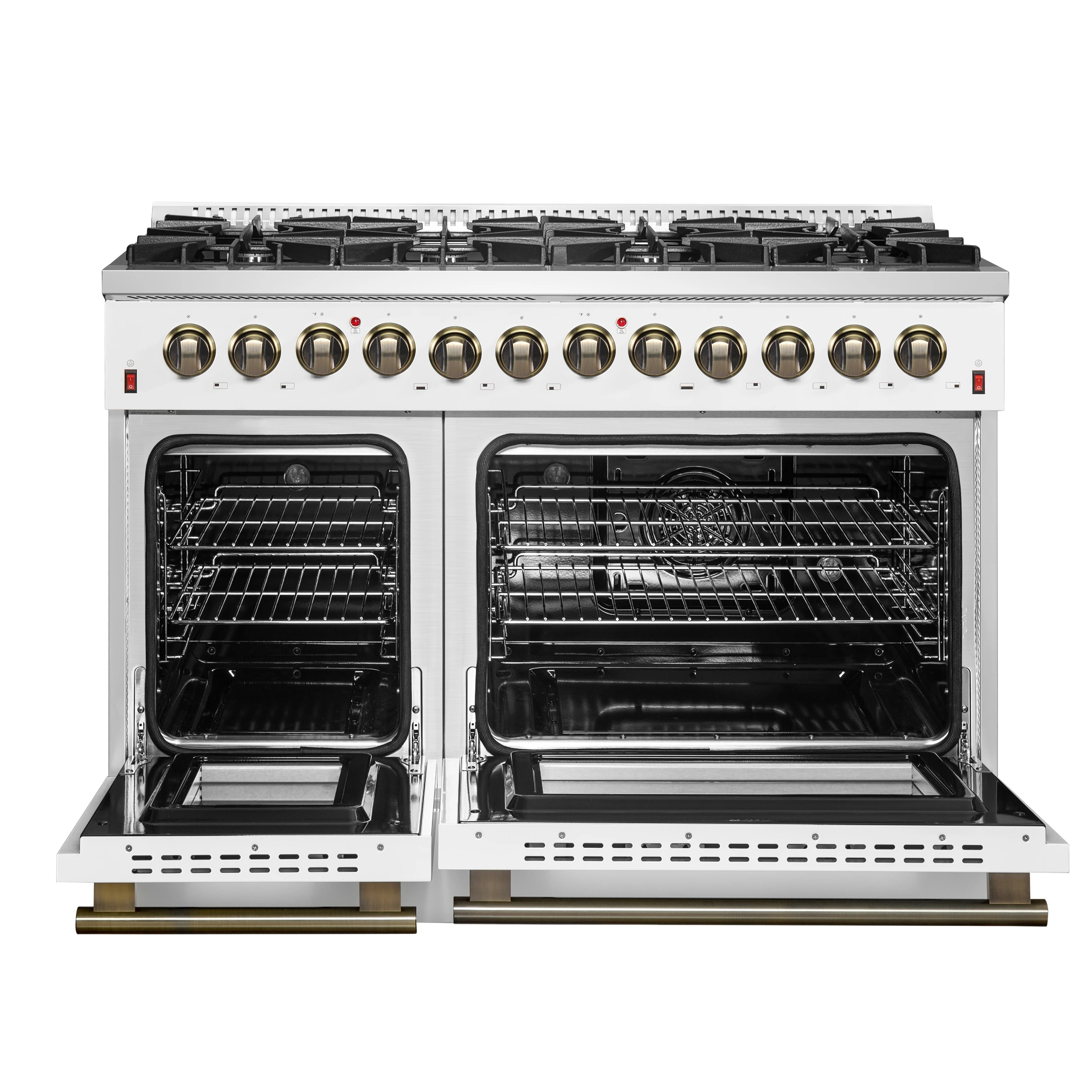 Galiano 48-inch Dual Fuel Range White & Antique Brass Design with 8 Sealed Burners 107,000 BTU, 6.58 cu. ft. double ovens & Griddle FFSGS615648WHT