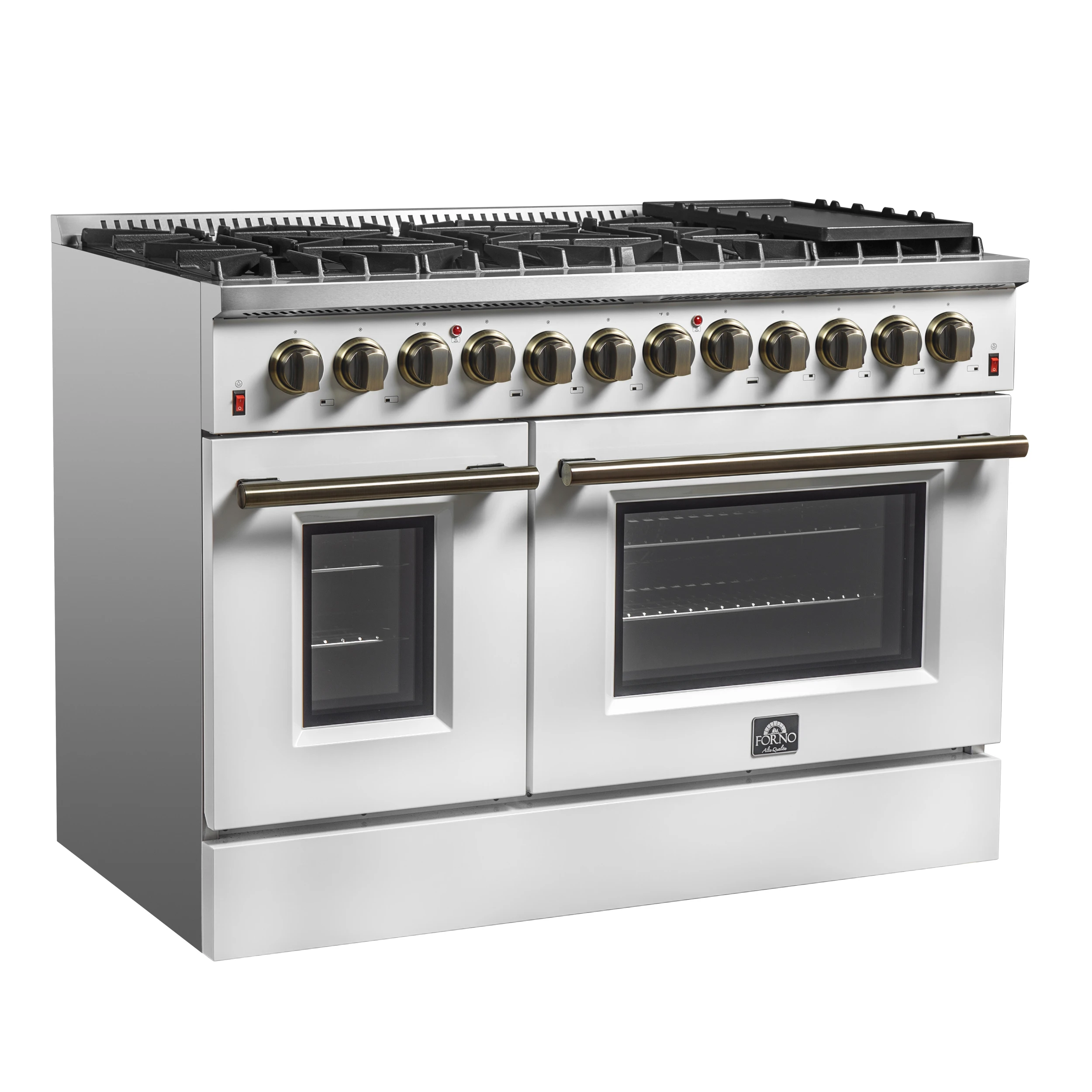 Galiano 48-inch Dual Fuel Range White & Antique Brass Design with 8 Sealed Burners 107,000 BTU, 6.58 cu. ft. double ovens & Griddle FFSGS615648WHT