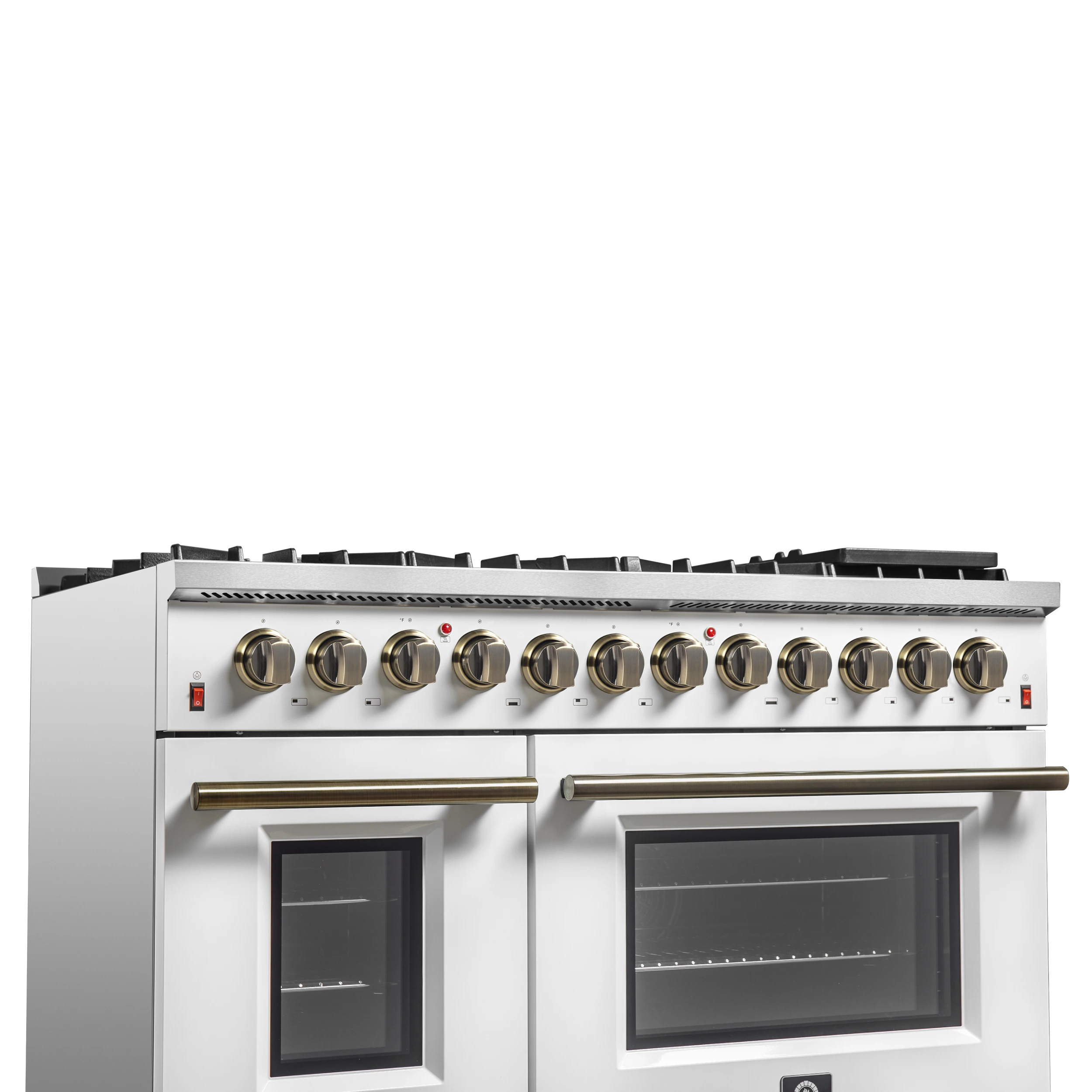 Galiano 48-inch Dual Fuel Range White & Antique Brass Design with 8 Sealed Burners 107,000 BTU, 6.58 cu. ft. double ovens & Griddle FFSGS615648WHT