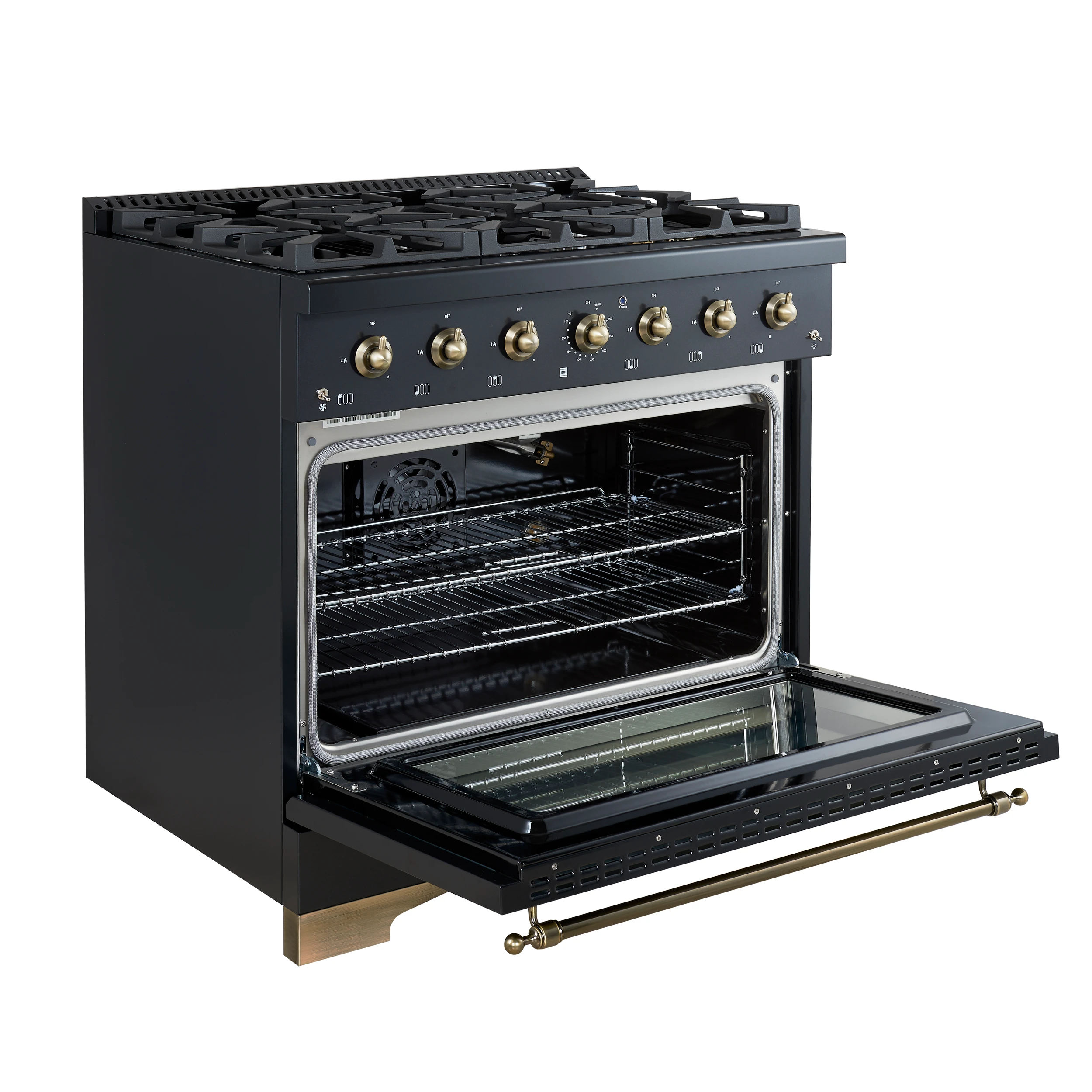 Antico 36-Inch Freestanding Gas Range, Black, Antique Brass Design, 6 Burners, Convection Oven, Energy Efficient FFSGS621936BLK