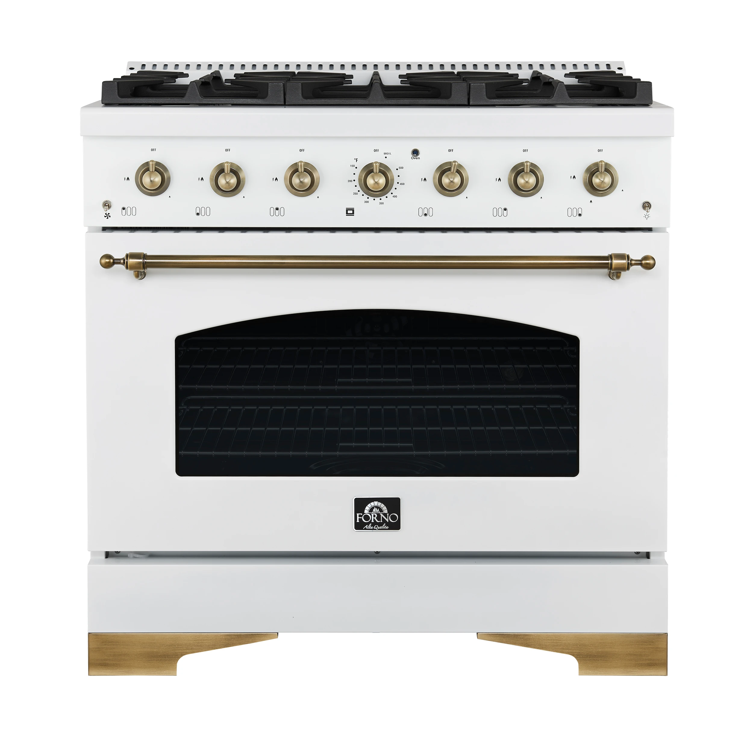 Antico 36-Inch Freestanding Gas Range, White, Antique Brass Design, 6 Burners, Convection Oven, Energy Efficient FFSGS621936WHT