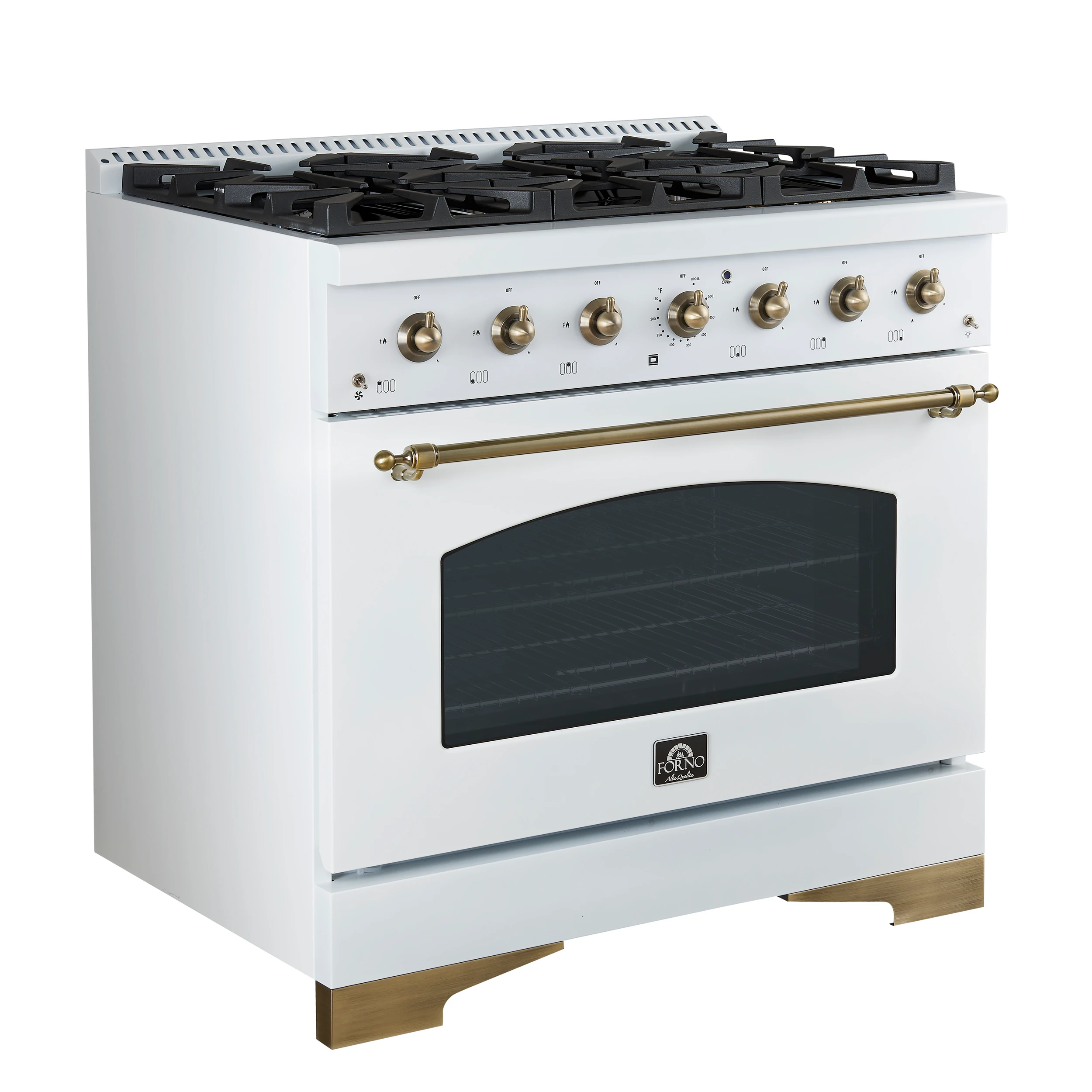 Antico 36-Inch Freestanding Gas Range, White, Antique Brass Design, 6 Burners, Convection Oven, Energy Efficient FFSGS621936WHT