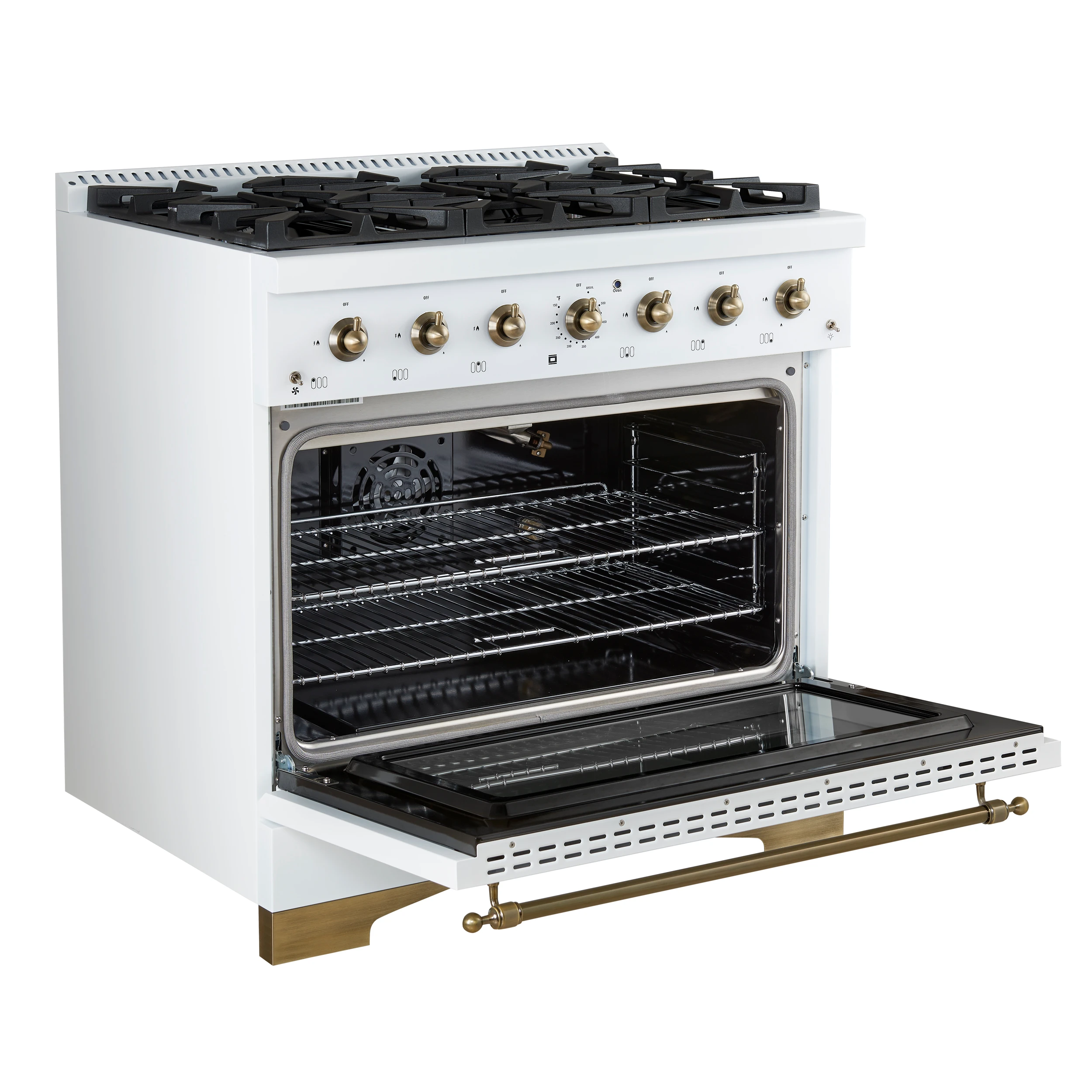 Antico 36-Inch Freestanding Gas Range, White, Antique Brass Design, 6 Burners, Convection Oven, Energy Efficient FFSGS621936WHT