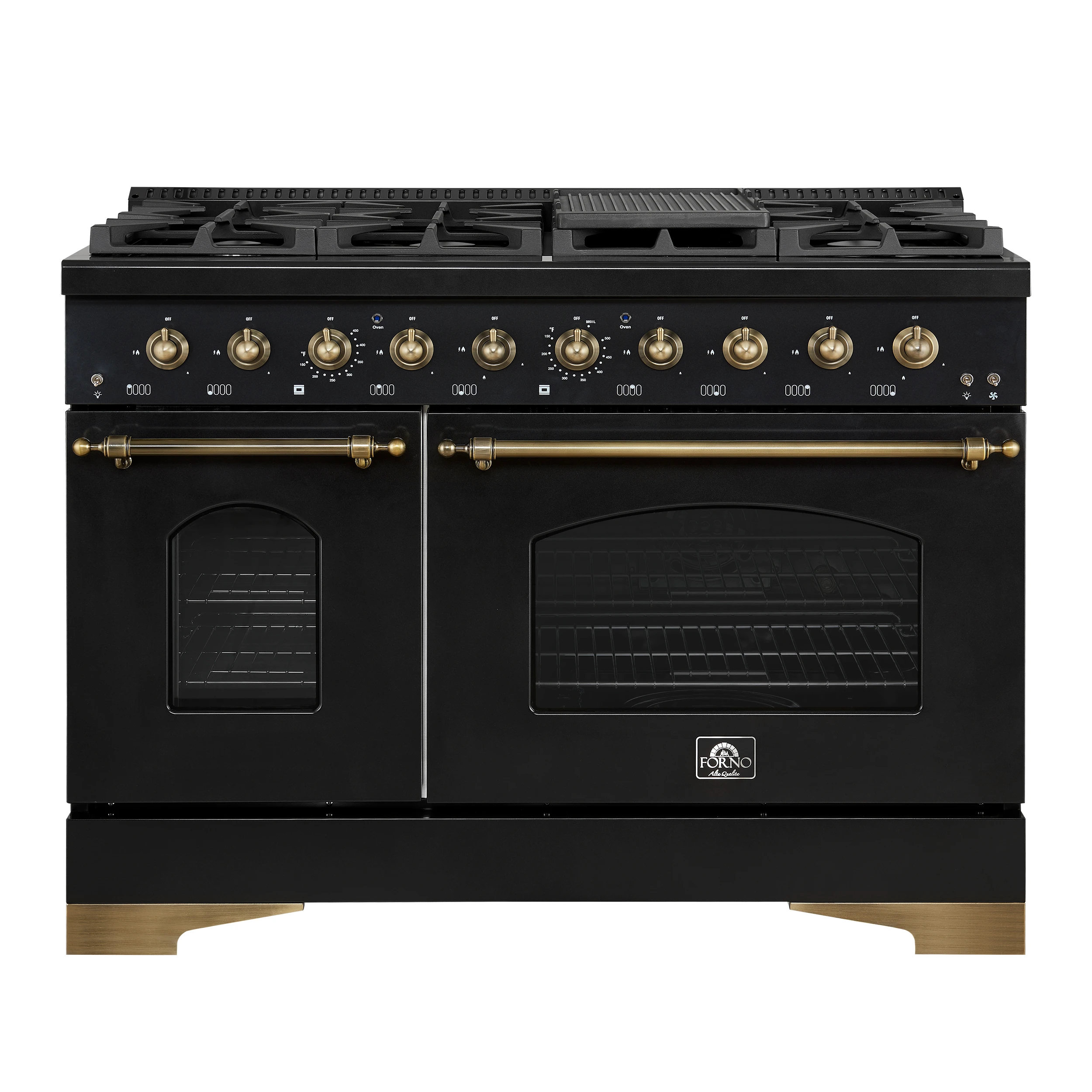 Antico 48-Inch Freestanding Gas Range, Black, Antique Brass Design, 8 Burners, Griddle, Double Ovens, Energy Efficient FFSGS621948BLK