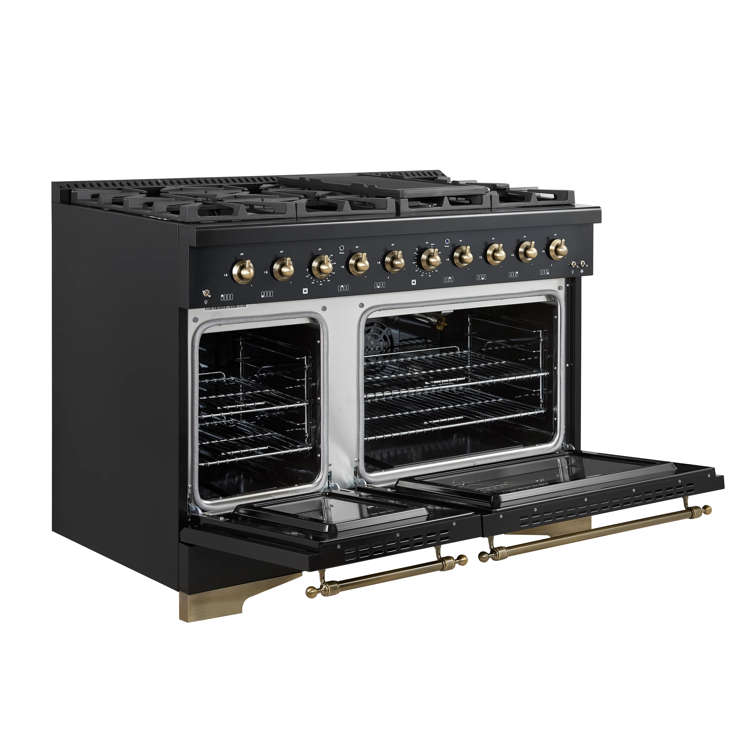 Antico 48-Inch Freestanding Gas Range, Black, Antique Brass Design, 8 Burners, Griddle, Double Ovens, Energy Efficient FFSGS621948BLK