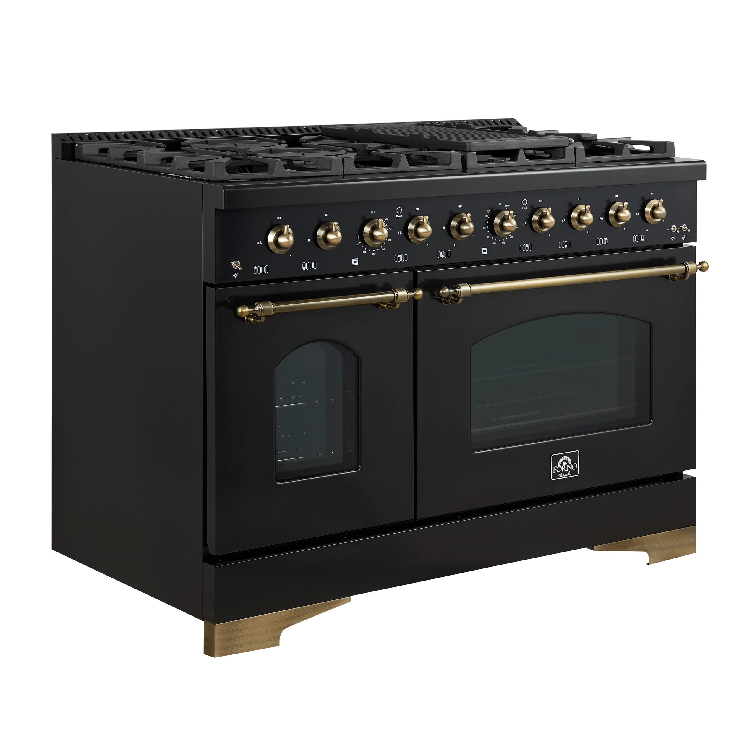 Antico 48-Inch Freestanding Gas Range, Black, Antique Brass Design, 8 Burners, Griddle, Double Ovens, Energy Efficient FFSGS621948BLK