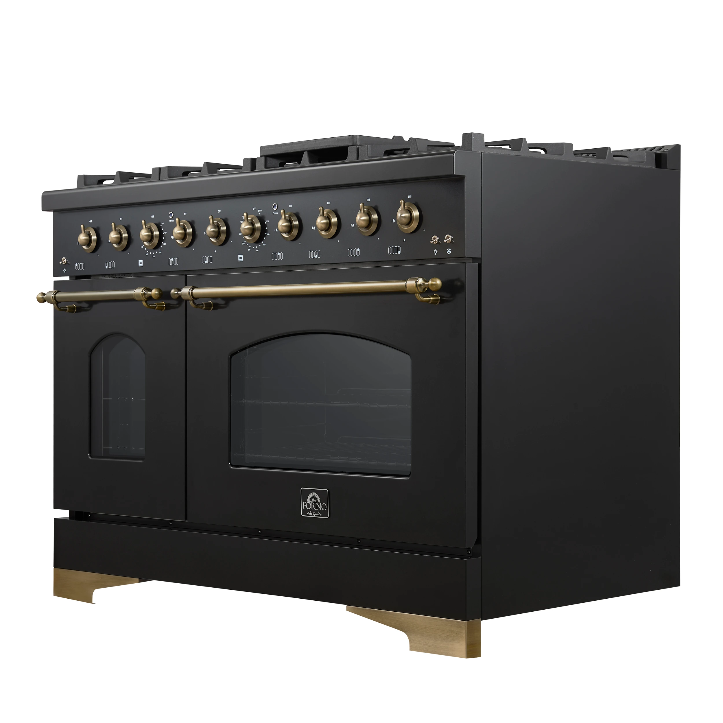 Antico 48-Inch Freestanding Gas Range, Black, Antique Brass Design, 8 Burners, Griddle, Double Ovens, Energy Efficient FFSGS621948BLK
