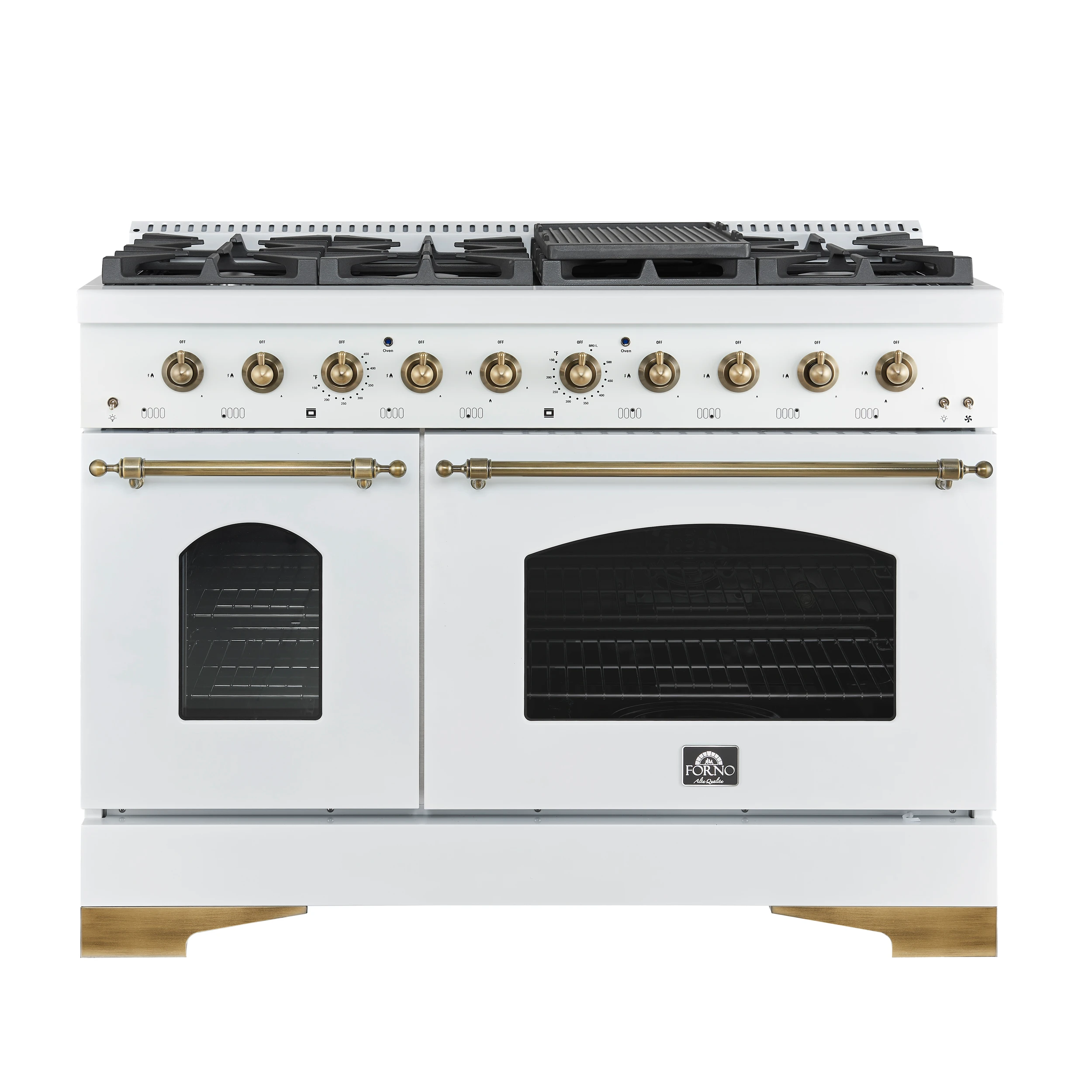 Antico 48-Inch Freestanding Gas Range, White, Antique Brass Design, 8 Burners, Griddle, Double Ovens, Energy Efficient FFSGS621948WHT