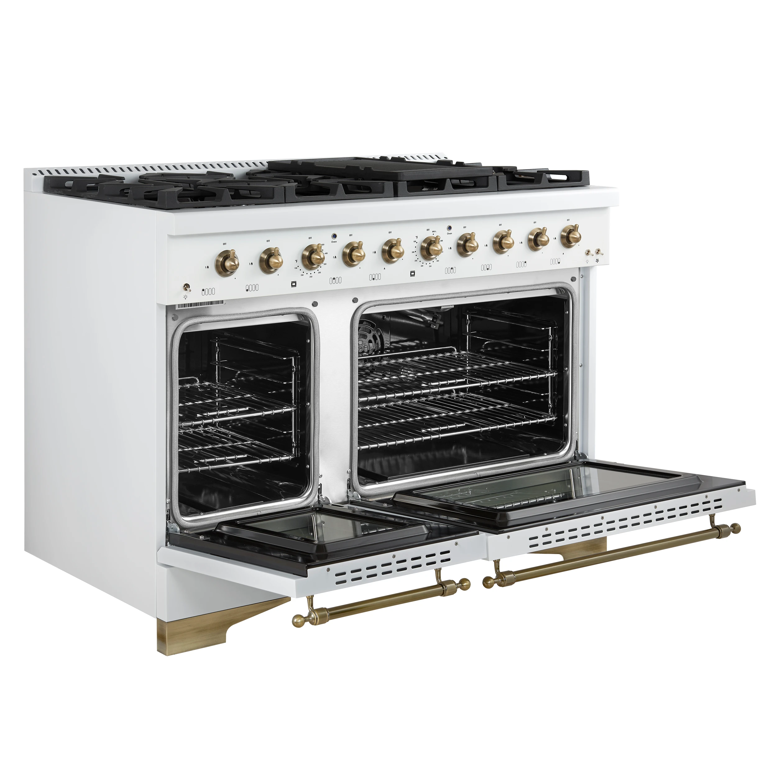 Antico 48-Inch Freestanding Gas Range, White, Antique Brass Design, 8 Burners, Griddle, Double Ovens, Energy Efficient FFSGS621948WHT