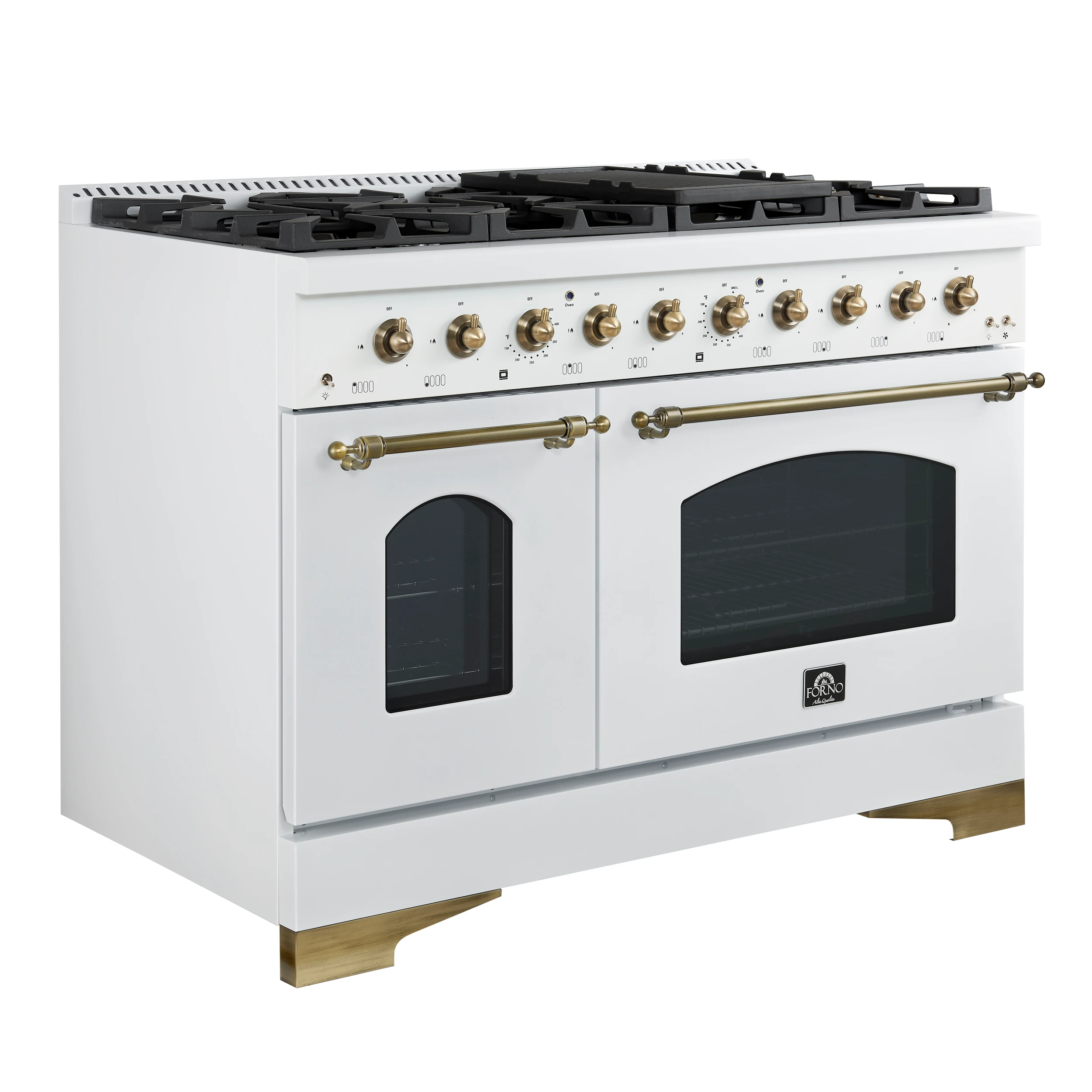 Antico 48-Inch Freestanding Gas Range, White, Antique Brass Design, 8 Burners, Griddle, Double Ovens, Energy Efficient FFSGS621948WHT