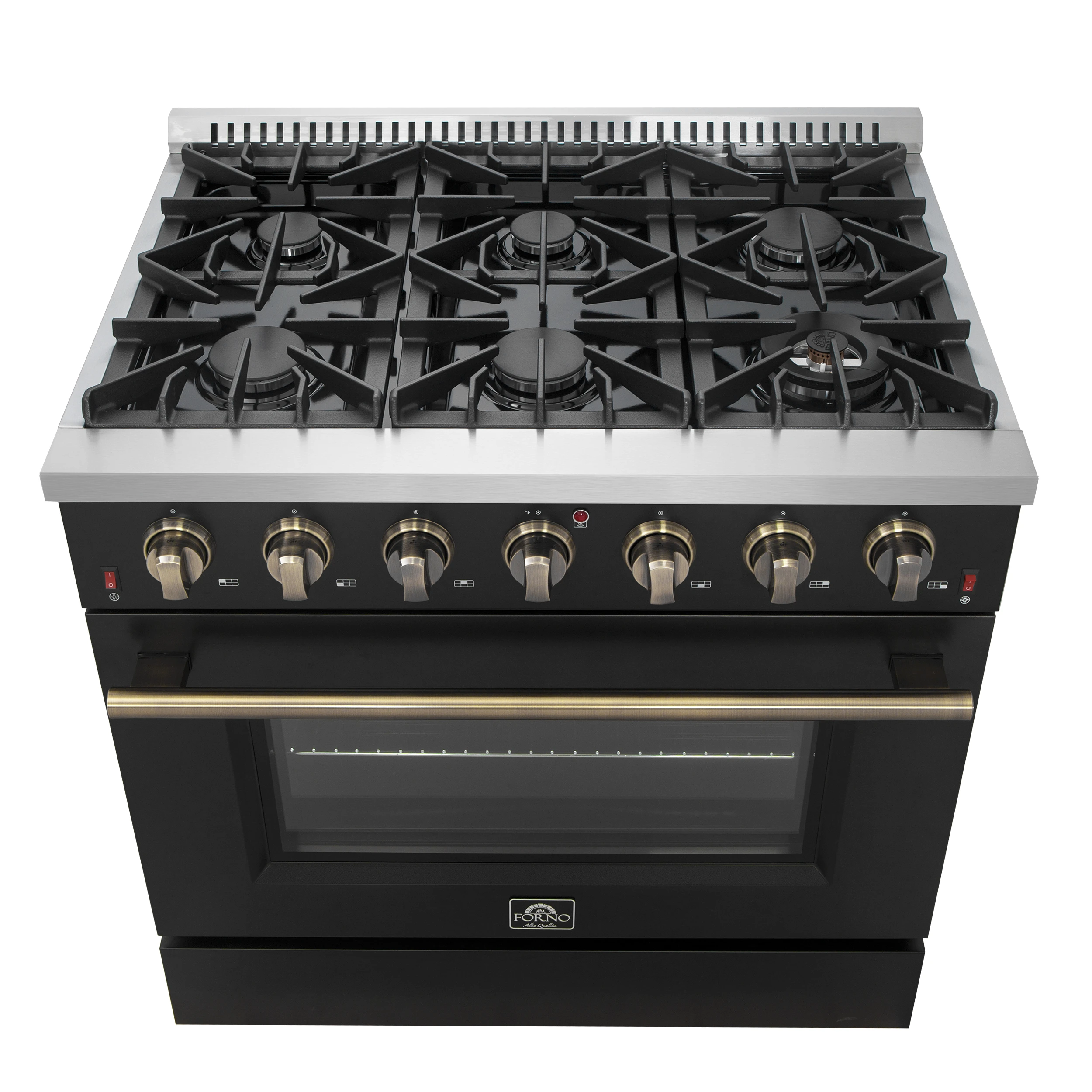 Galiano 36-inch Freestanding Gas Range in Black with Antique Brass Design, 6 Burners, 83,000 BTU, 5.36 cu.ft. Convection Oven FFSGS624436BLK