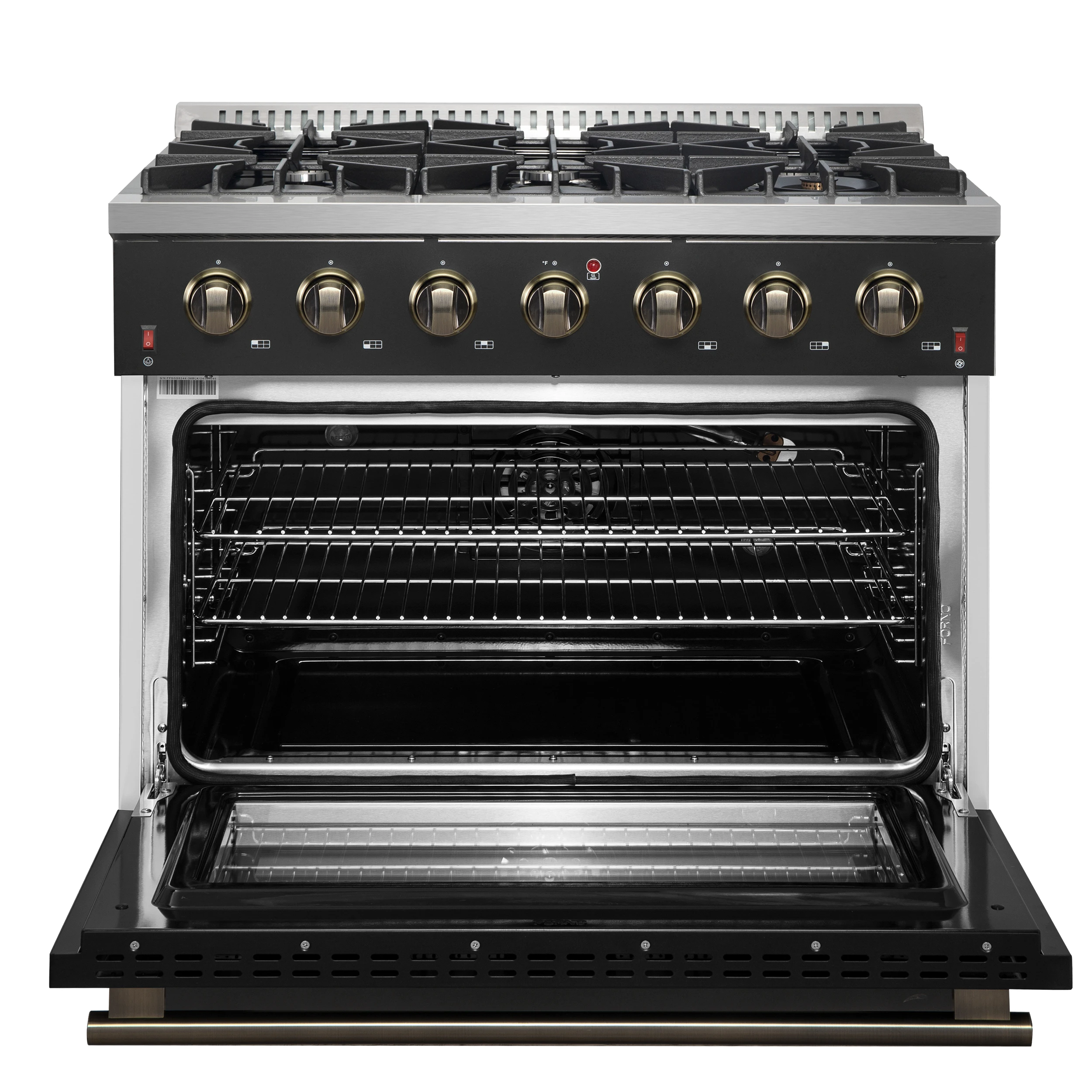 Galiano 36-inch Freestanding Gas Range in Black with Antique Brass Design, 6 Burners, 83,000 BTU, 5.36 cu.ft. Convection Oven FFSGS624436BLK