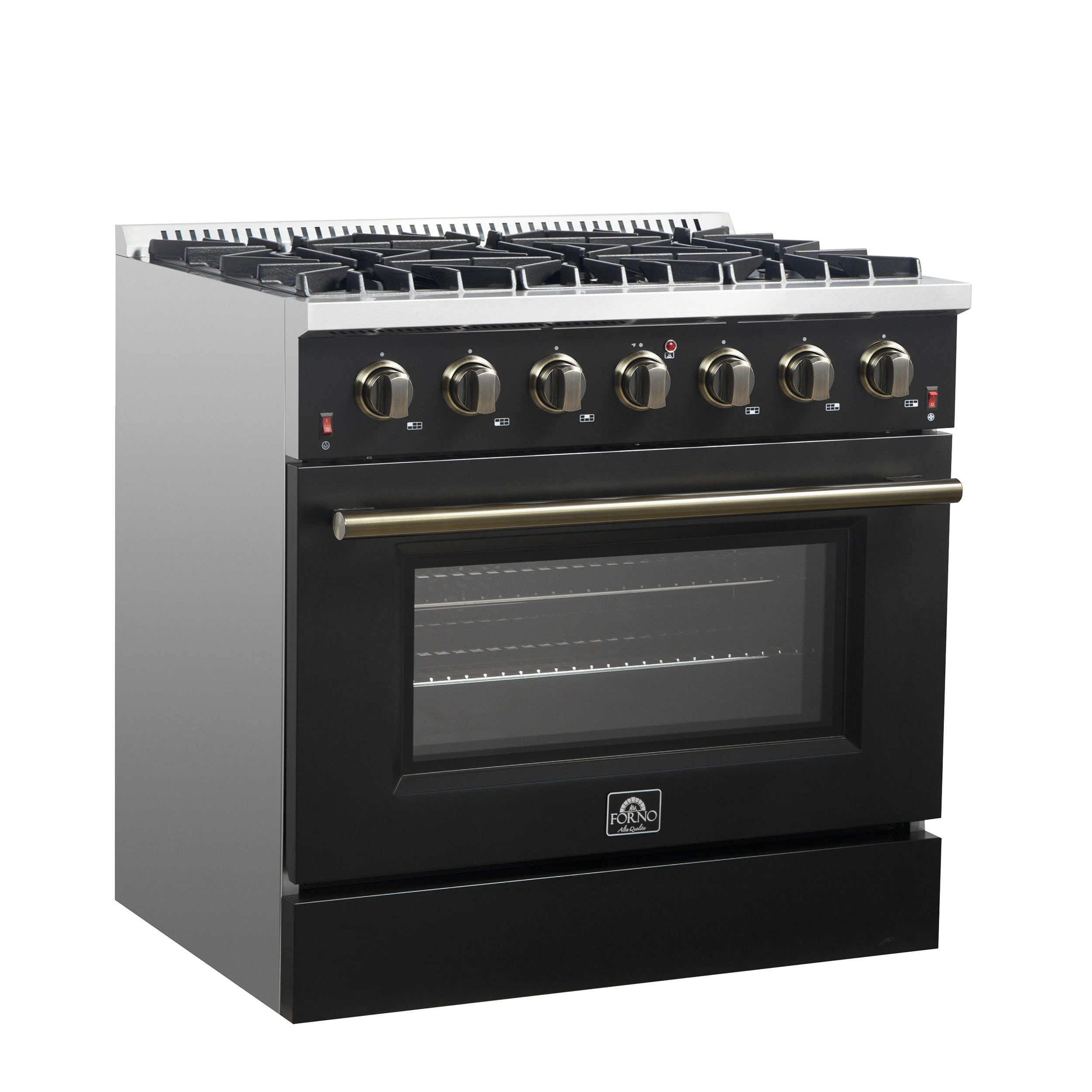 Galiano 36-inch Freestanding Gas Range in Black with Antique Brass Design, 6 Burners, 83,000 BTU, 5.36 cu.ft. Convection Oven FFSGS624436BLK