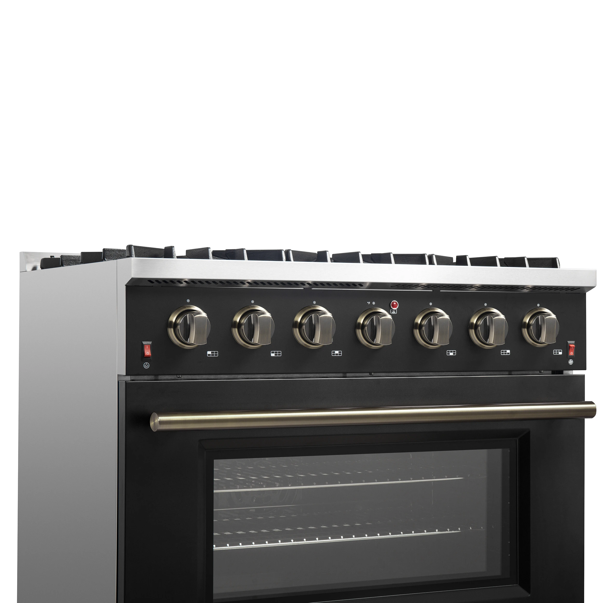 Galiano 36-inch Freestanding Gas Range in Black with Antique Brass Design, 6 Burners, 83,000 BTU, 5.36 cu.ft. Convection Oven FFSGS624436BLK
