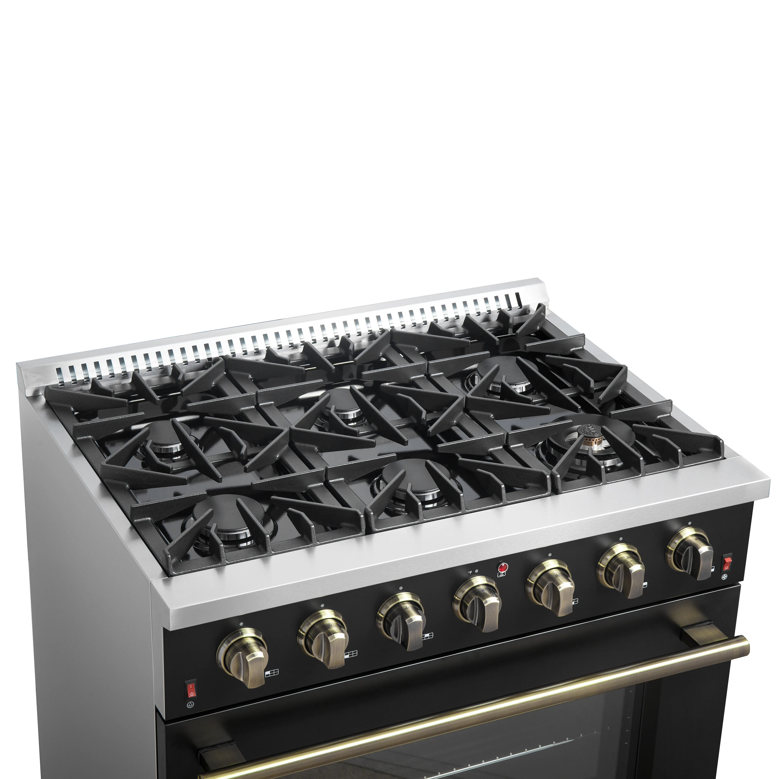 Galiano 36-inch Freestanding Gas Range in Black with Antique Brass Design, 6 Burners, 83,000 BTU, 5.36 cu.ft. Convection Oven FFSGS624436BLK