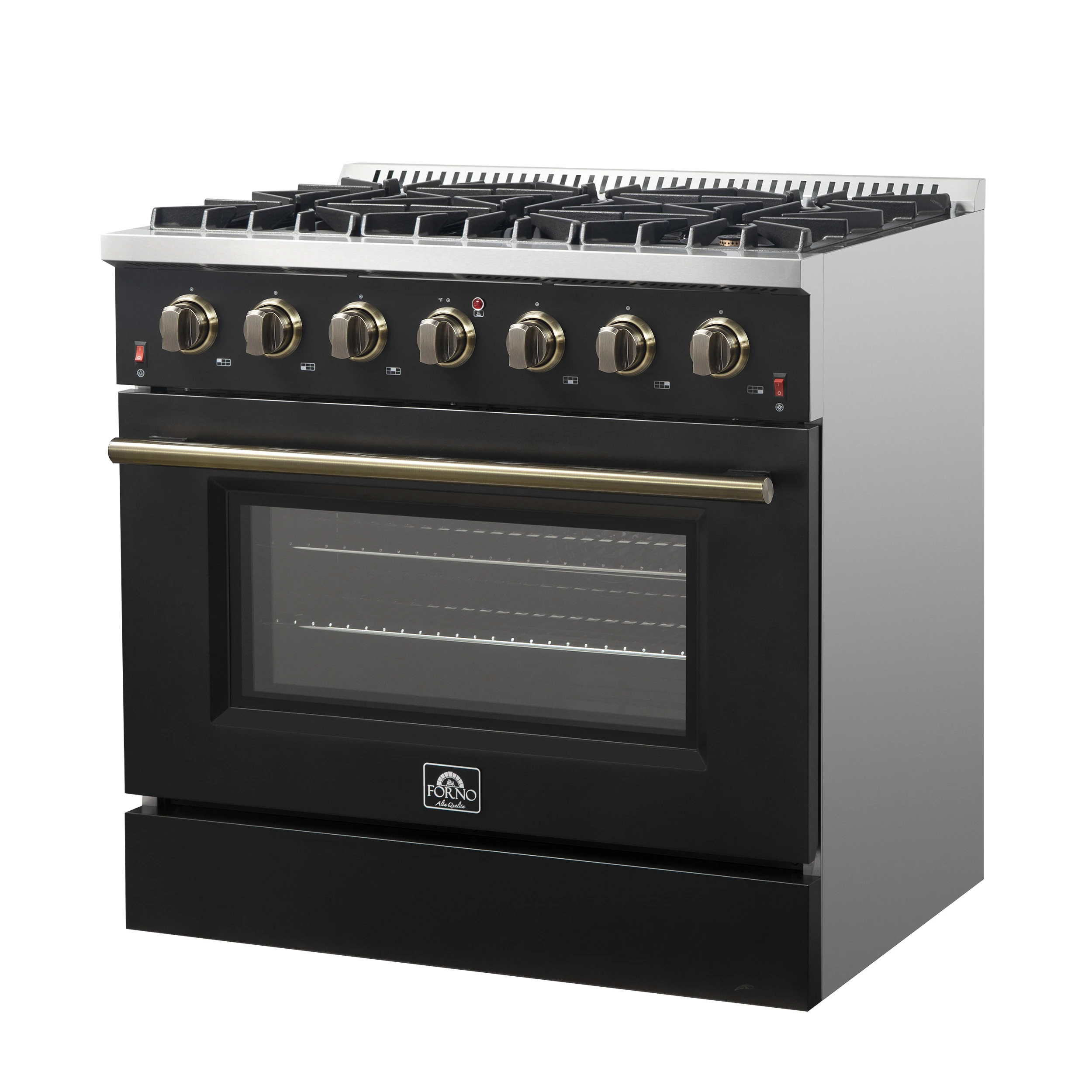 Galiano 36-inch Freestanding Gas Range in Black with Antique Brass Design, 6 Burners, 83,000 BTU, 5.36 cu.ft. Convection Oven FFSGS624436BLK