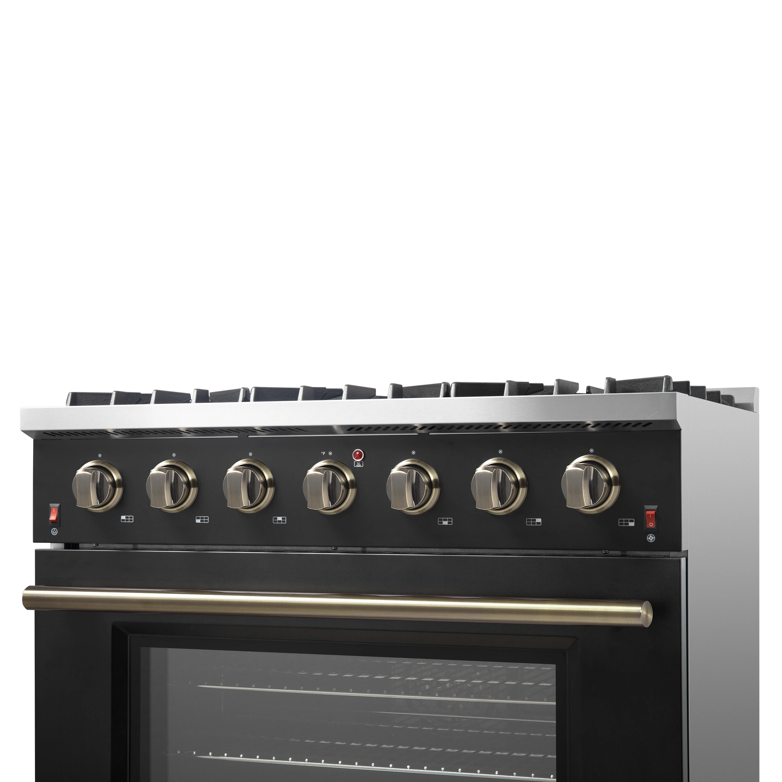 Galiano 36-inch Freestanding Gas Range in Black with Antique Brass Design, 6 Burners, 83,000 BTU, 5.36 cu.ft. Convection Oven FFSGS624436BLK