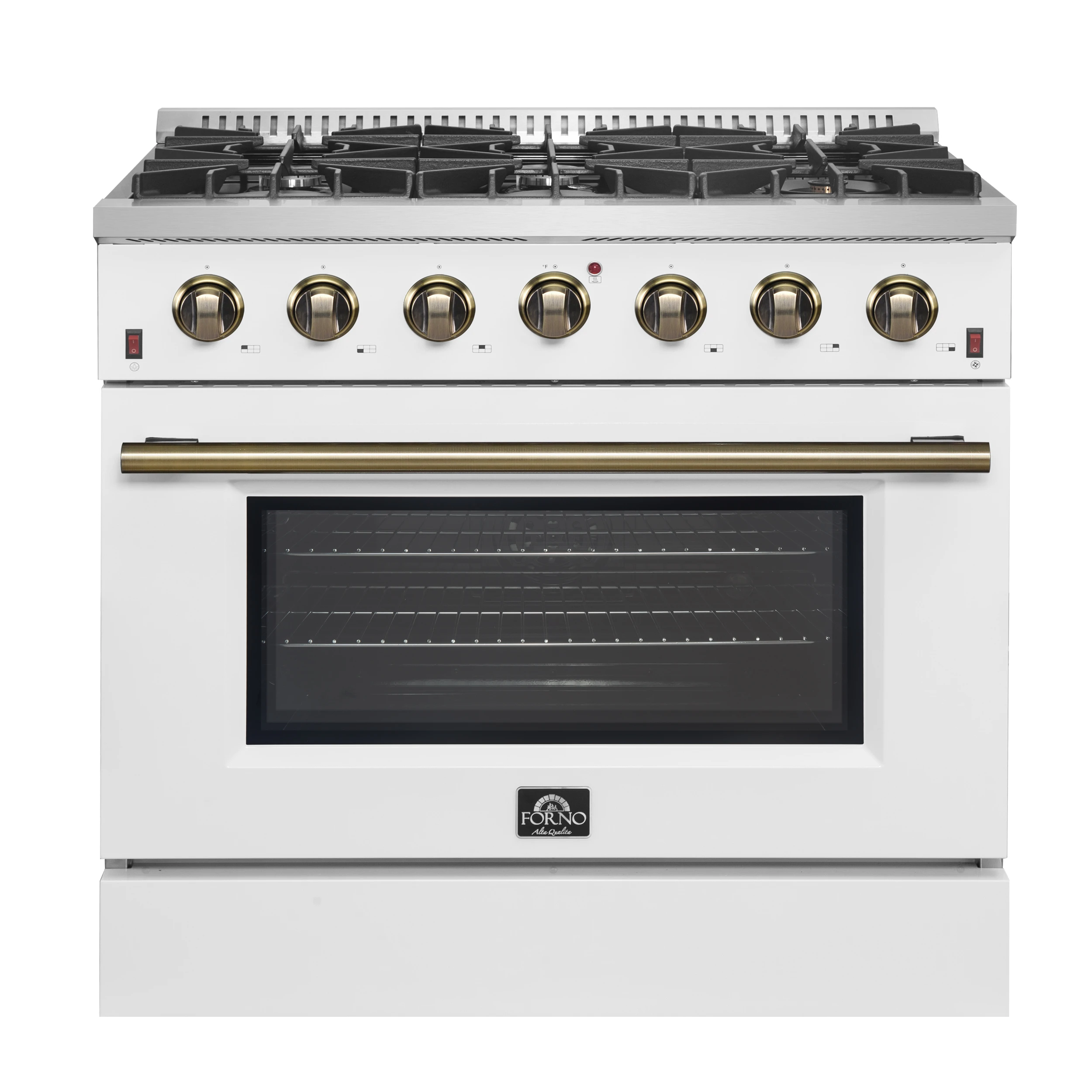 Galiano 36-inch Freestanding Gas Range in White with Antique Brass Design, 6 Burners, 83,000 BTU, 5.36 cu.ft. Convection Oven FFSGS624436WHT